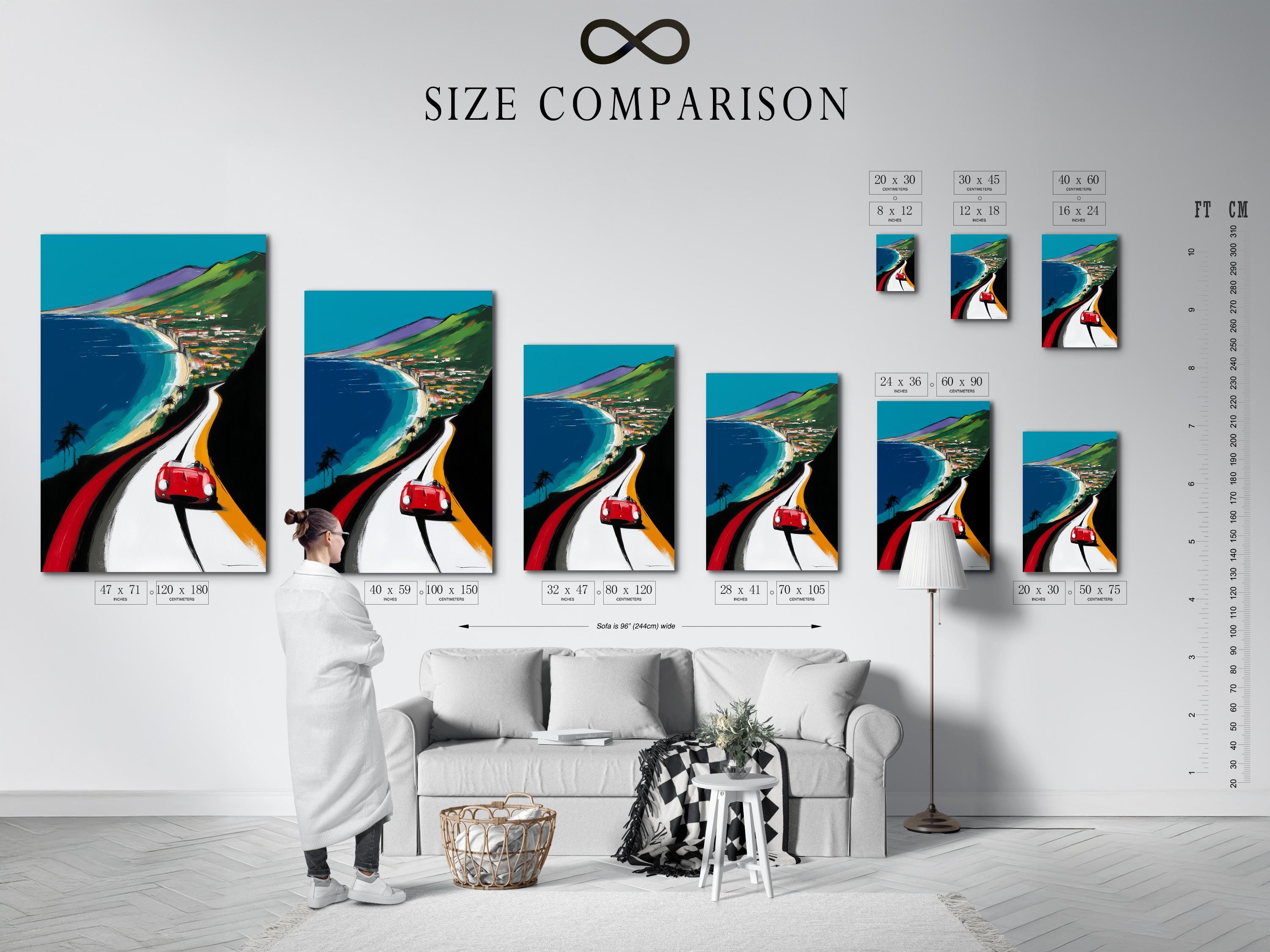 Wall mockup showing a framed artwork of a red sports car on a coastal road with turquoise water
