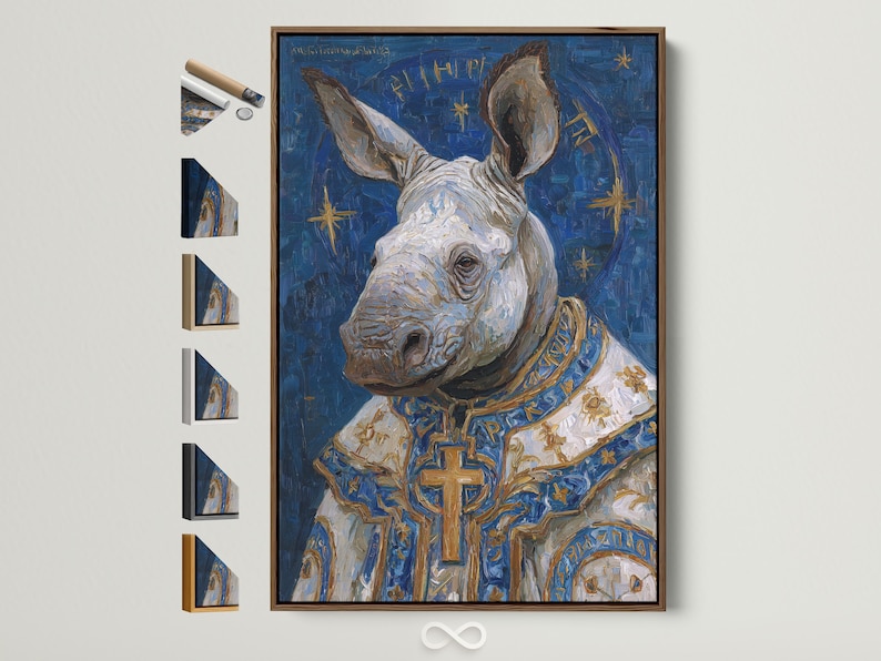 Painted rhino portrait on a deep blue background with gold cross and star-like accents