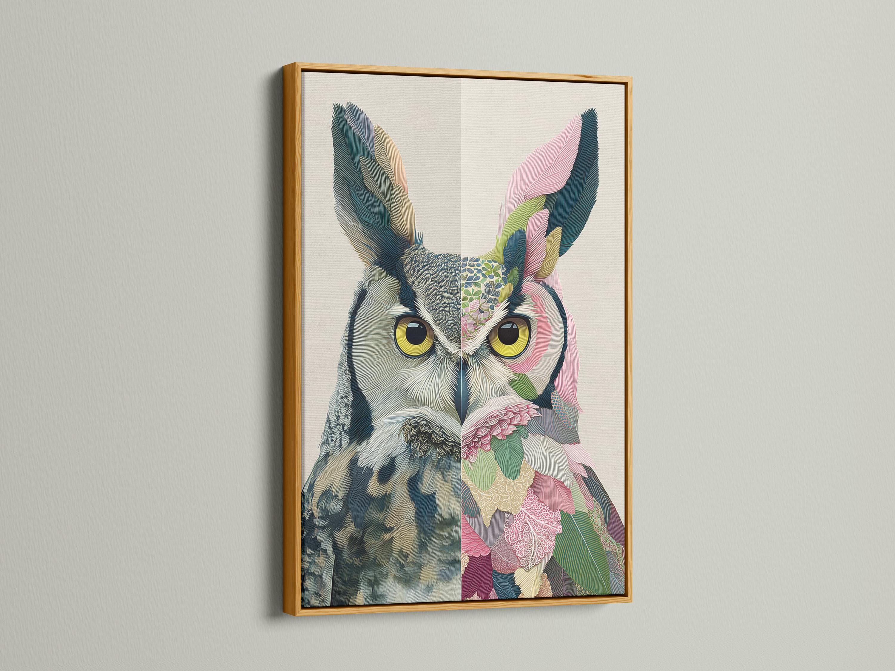 Split owl portrait with yellow eyes, fanned wings and pink flower plus green leaf details detail view