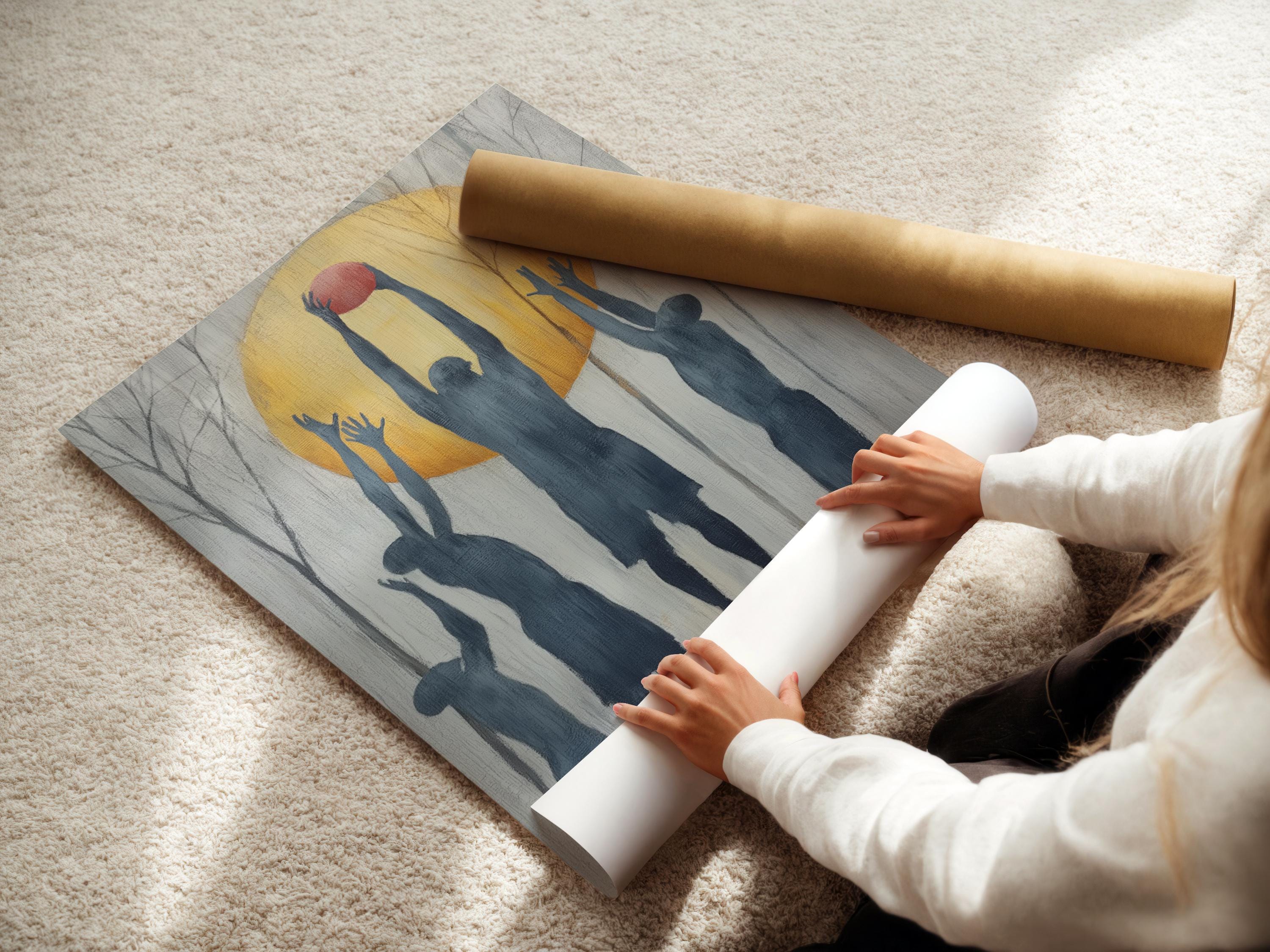 Basketball hoop silhouette with blue player figures reaching up inside a golden circle detail view