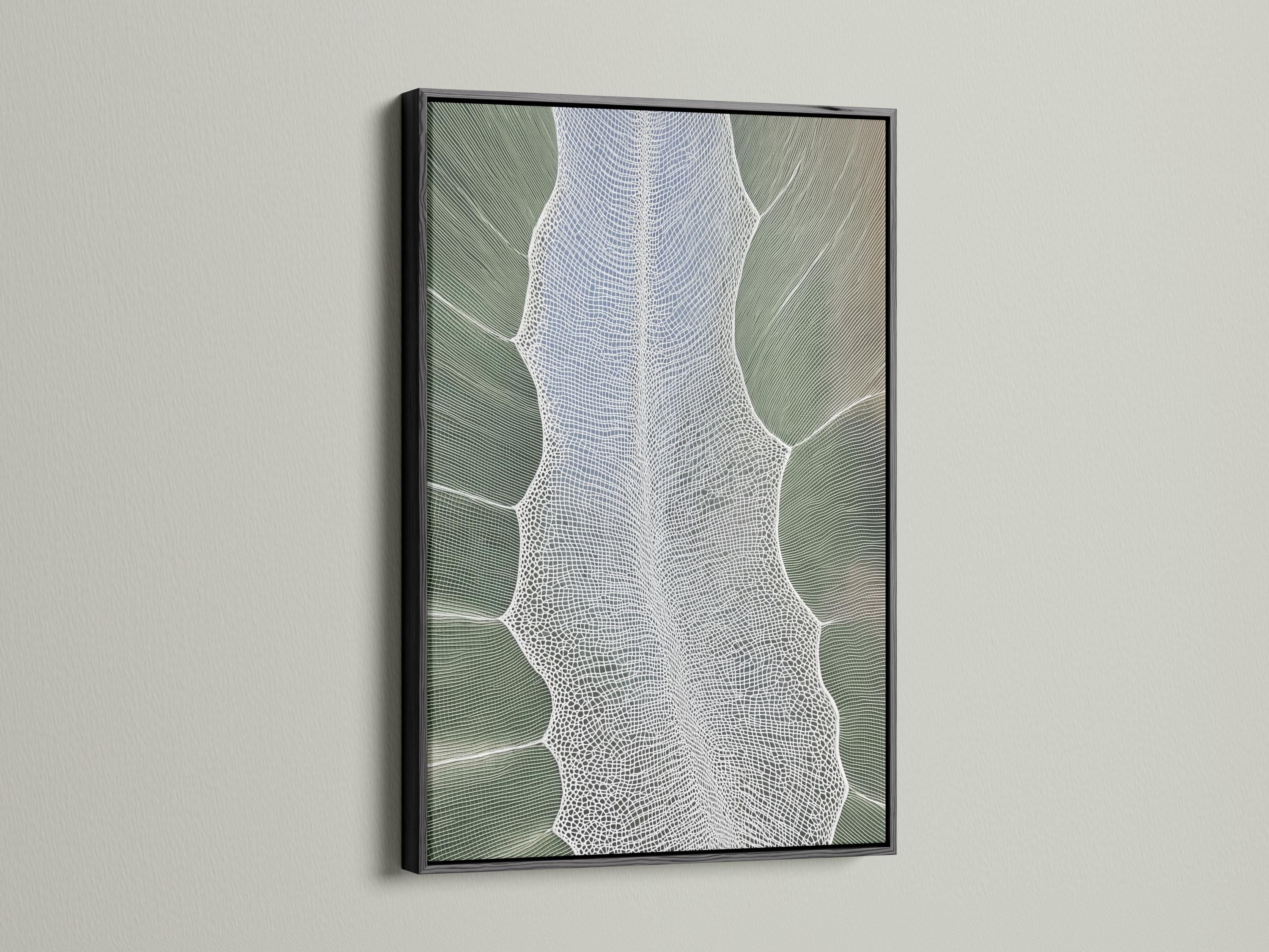 Sage green textured leaf silhouette artwork with a white net-like pattern detail view