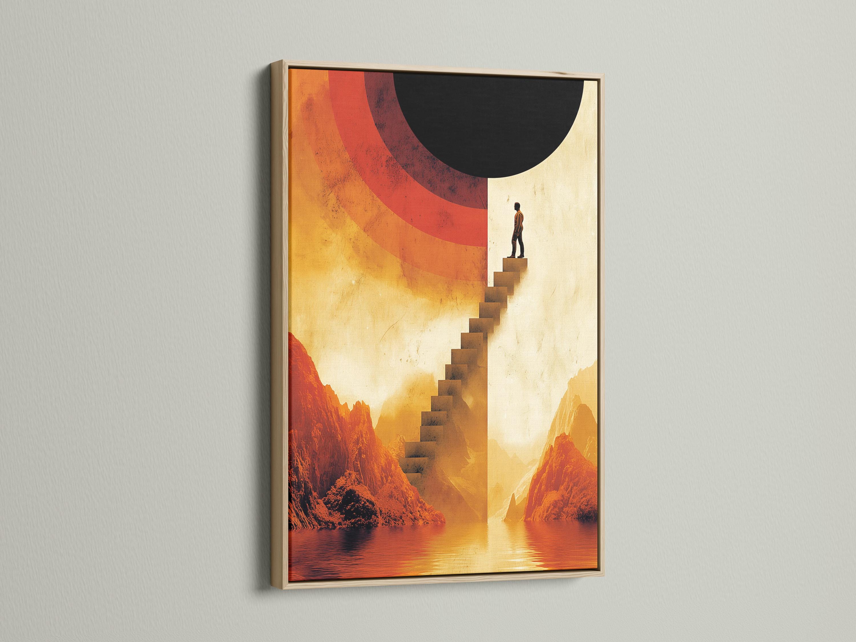 Surreal staircase with a silhouetted man rising through a warm mountain landscape and lake reflections detail view