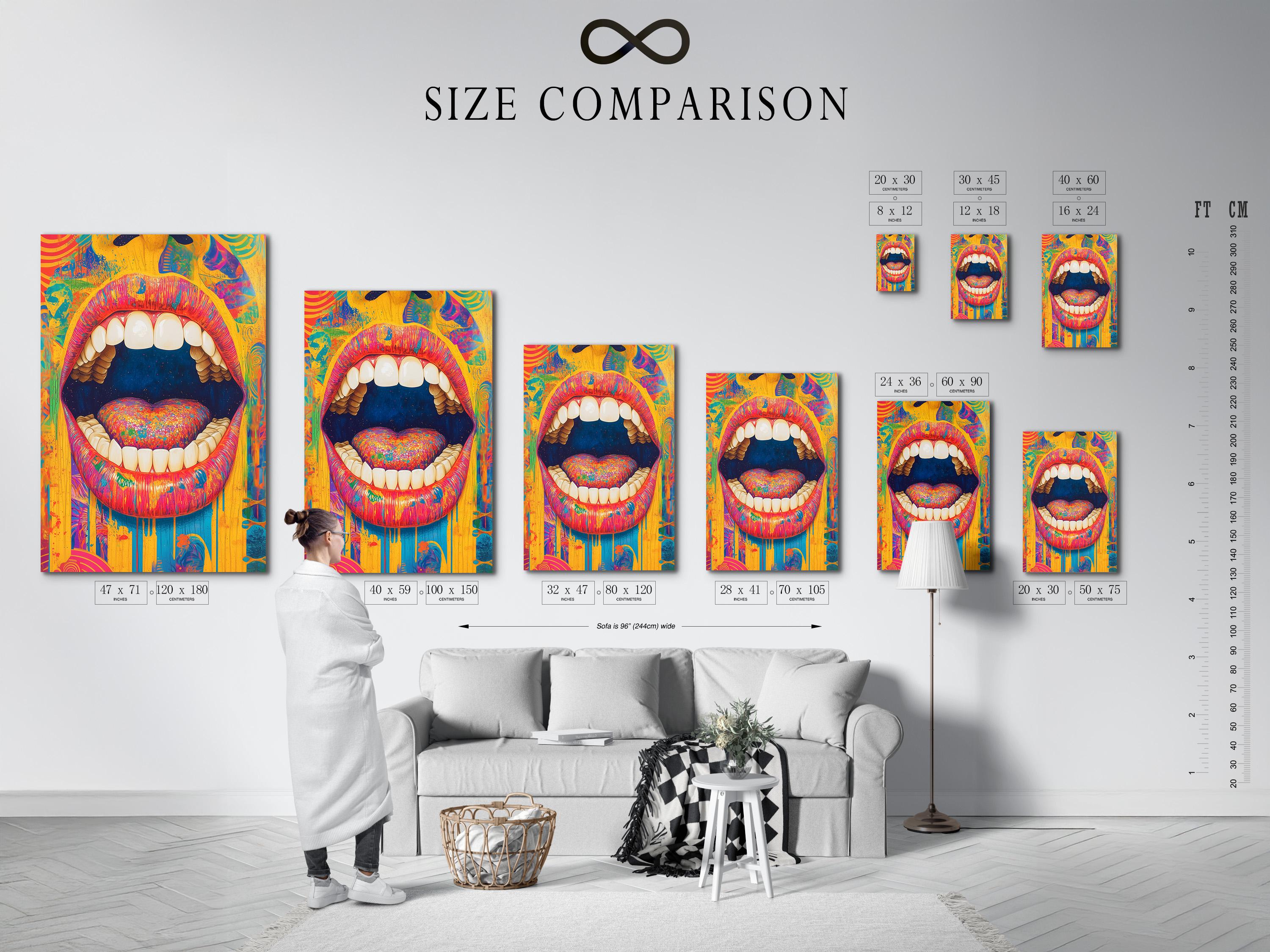 Surreal pop-art mouth with detailed teeth and a bright heart centre in vibrant colour blocks detail view