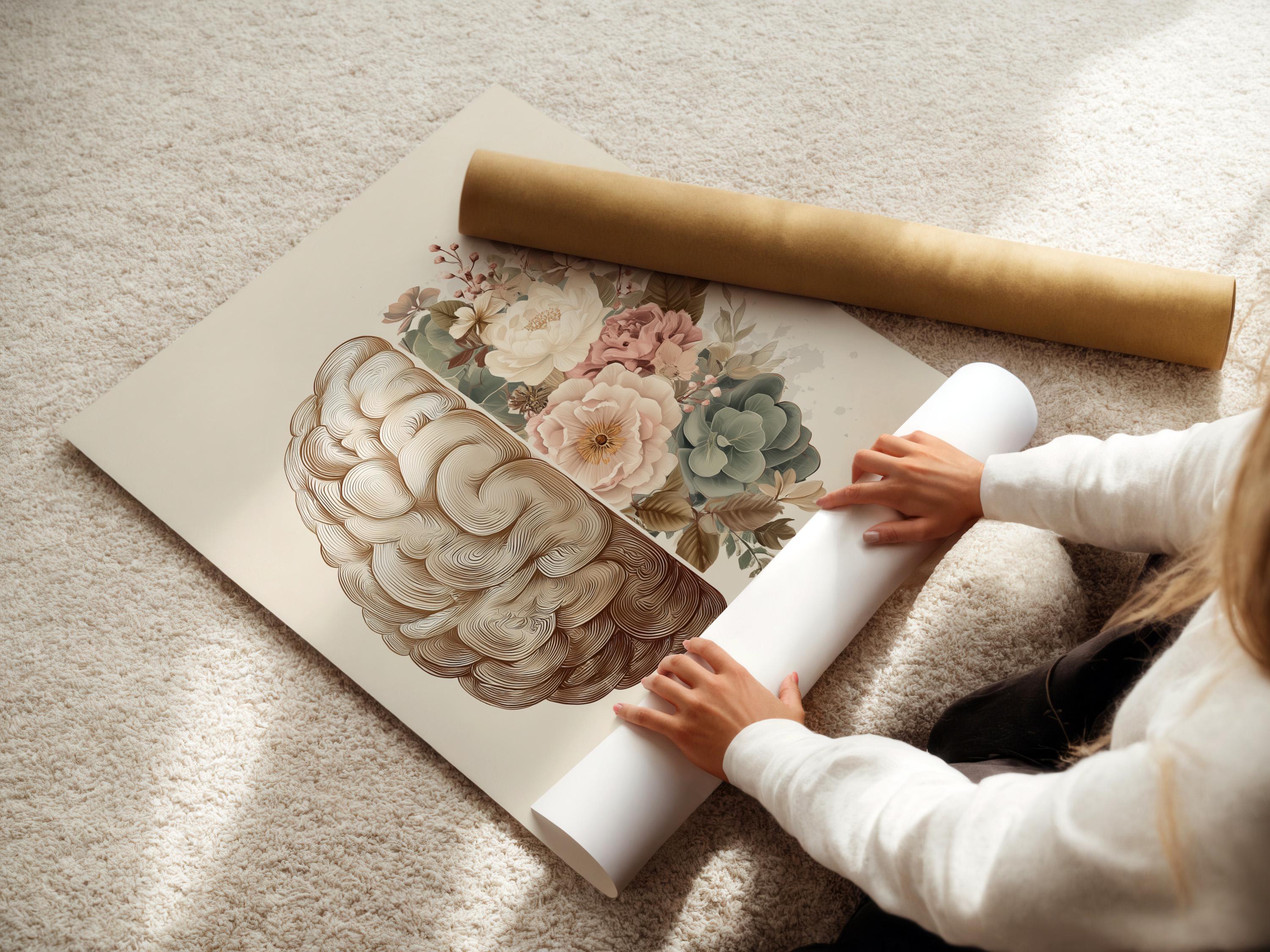 Person reading beside a framed split brain and floral artwork on a floor in a softly lit room