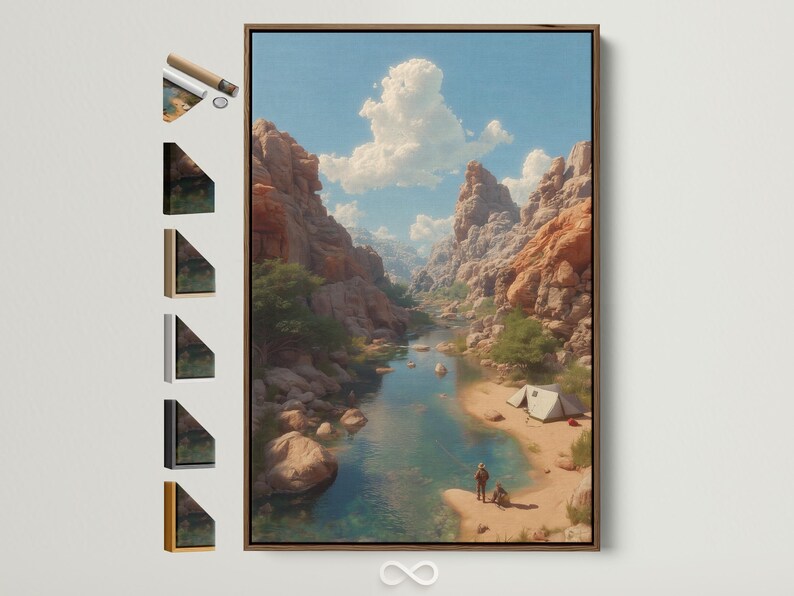 Desert canyon river landscape with a blue sky, clouds, rocks, and a riverside camping tent