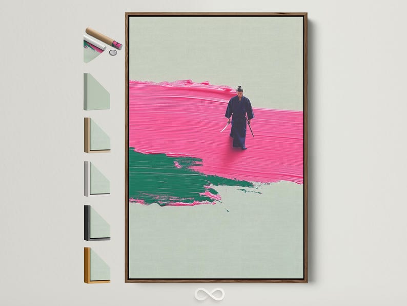 A stylised warrior figure walking across hot pink and emerald green textured bands on a pale background