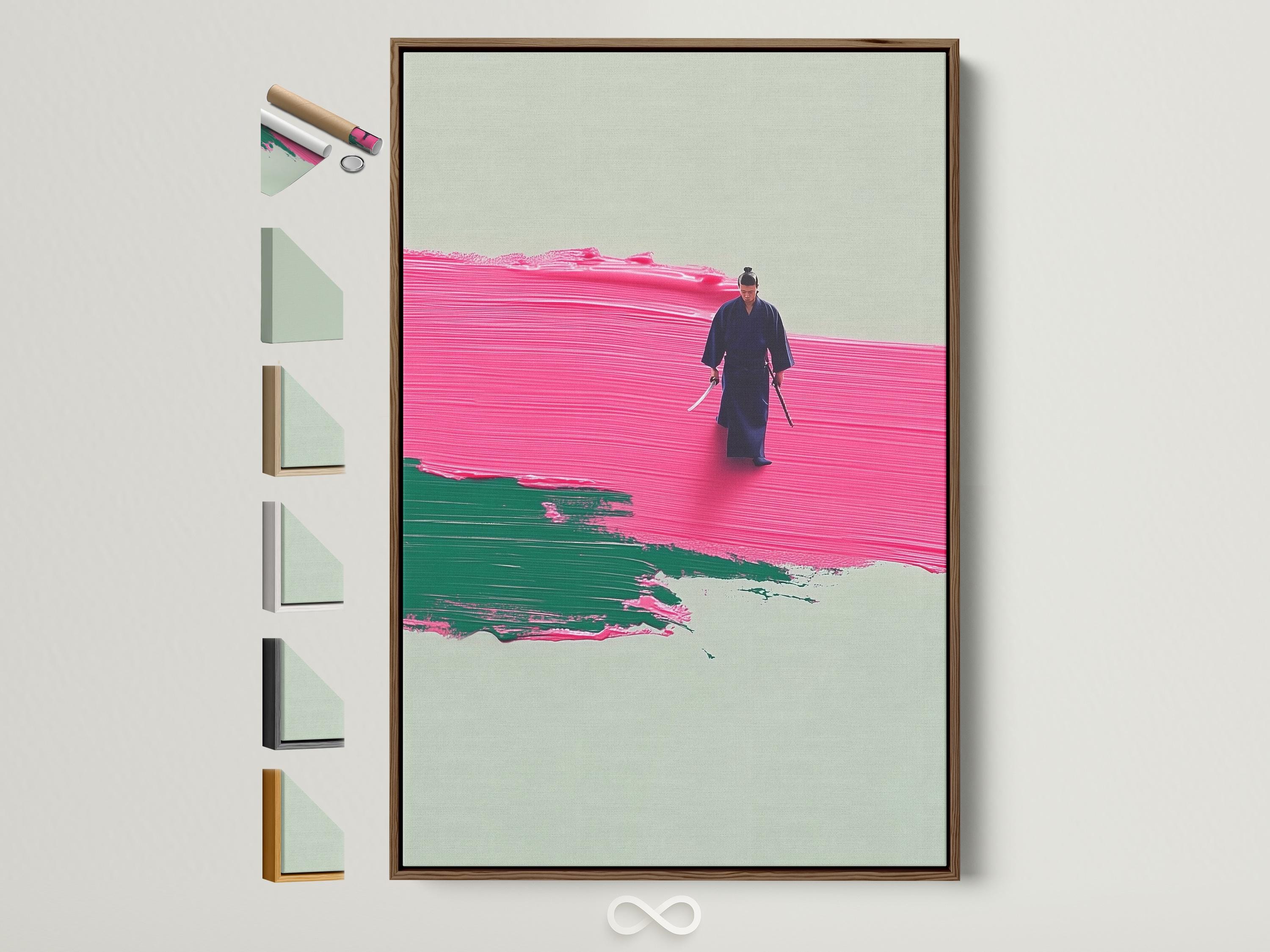 A stylised warrior figure walking across hot pink and emerald green textured bands on a pale background