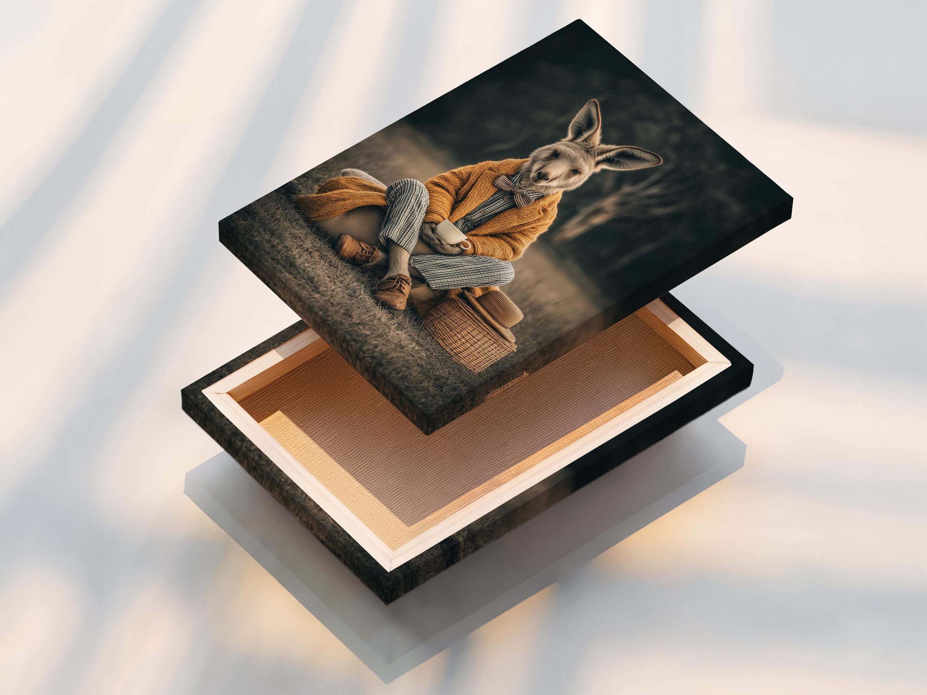 Framed kangaroo gentleman portrait artwork mockup on a light background with frame options