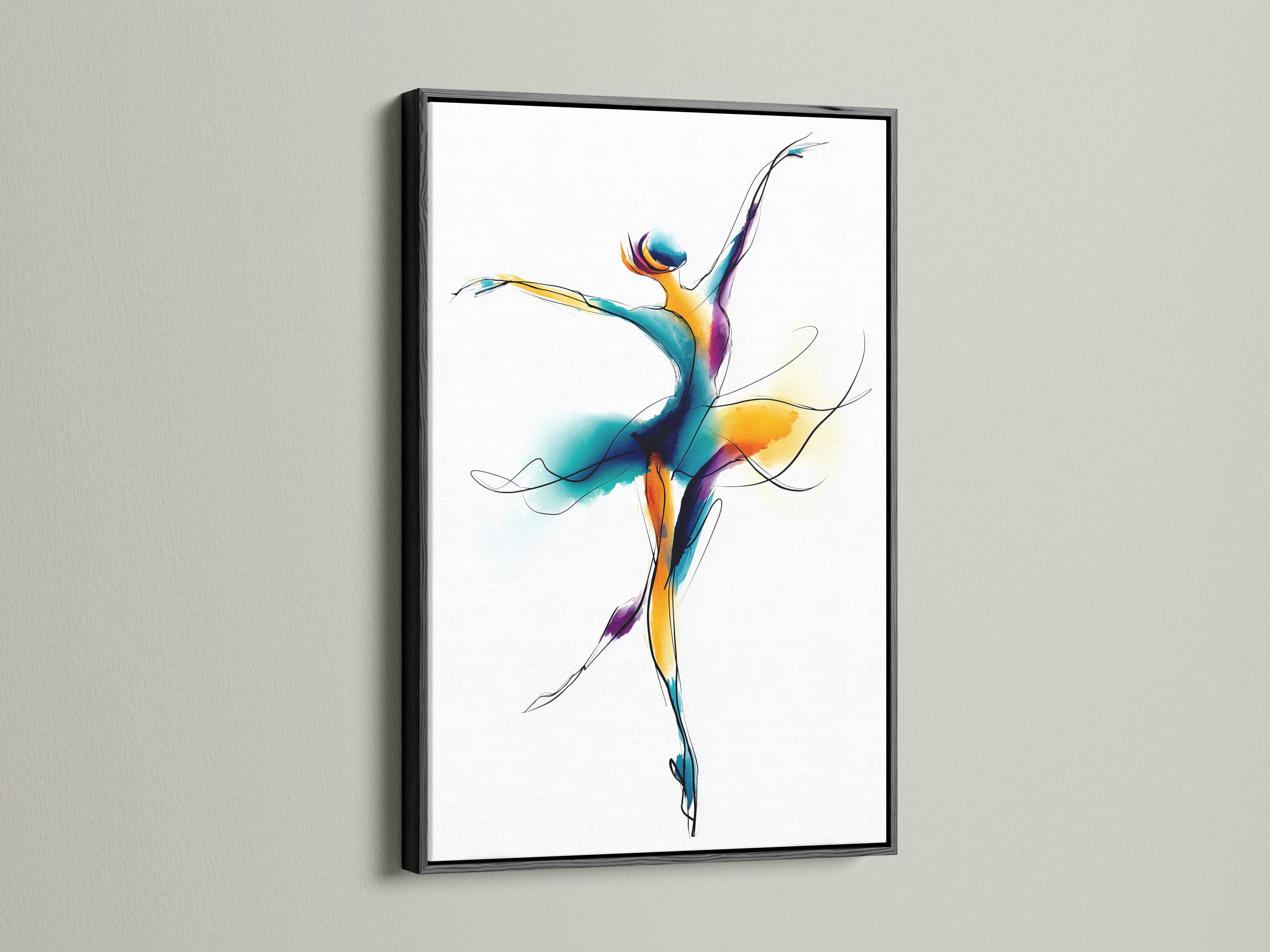 Ballet dancer illustration with teal, purple, and gold swirls on a white background detail view