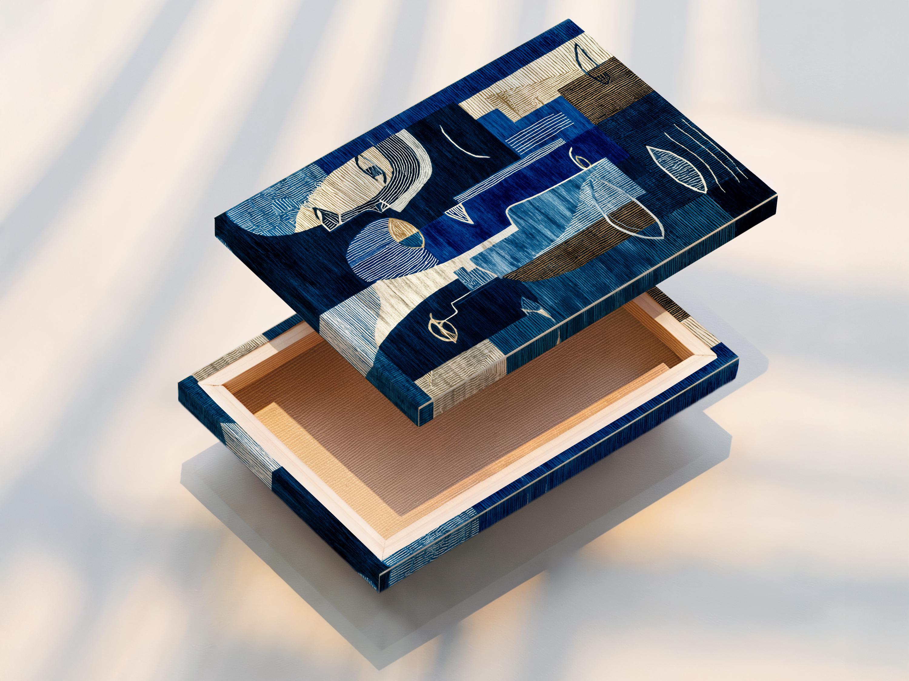 Indigo abstract faces artwork with navy, cream and gold geometric line patterns detail view