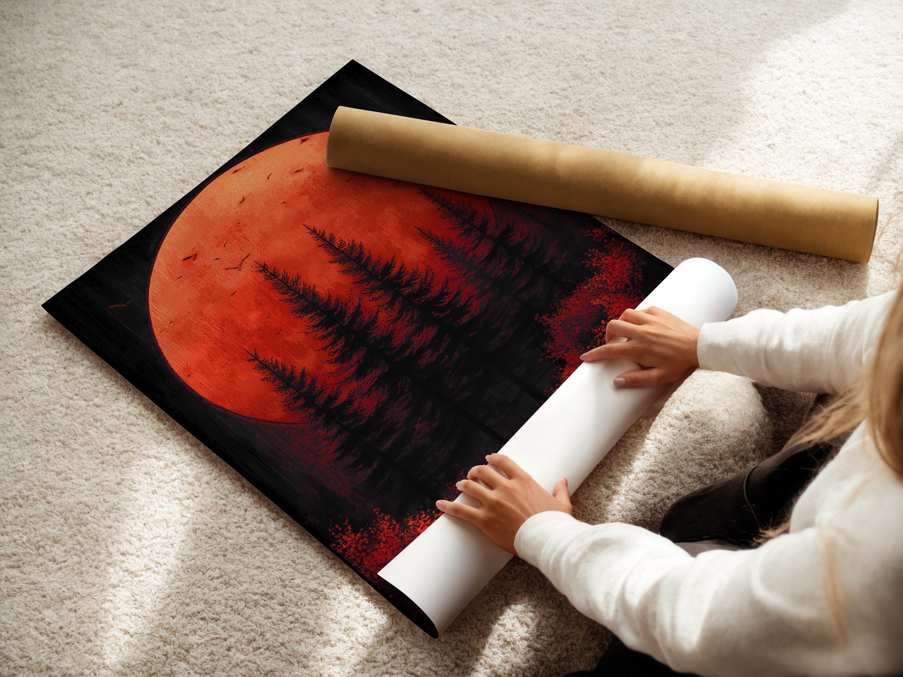 Crimson moon over dark pine forest with bird silhouettes and a winding path detail view