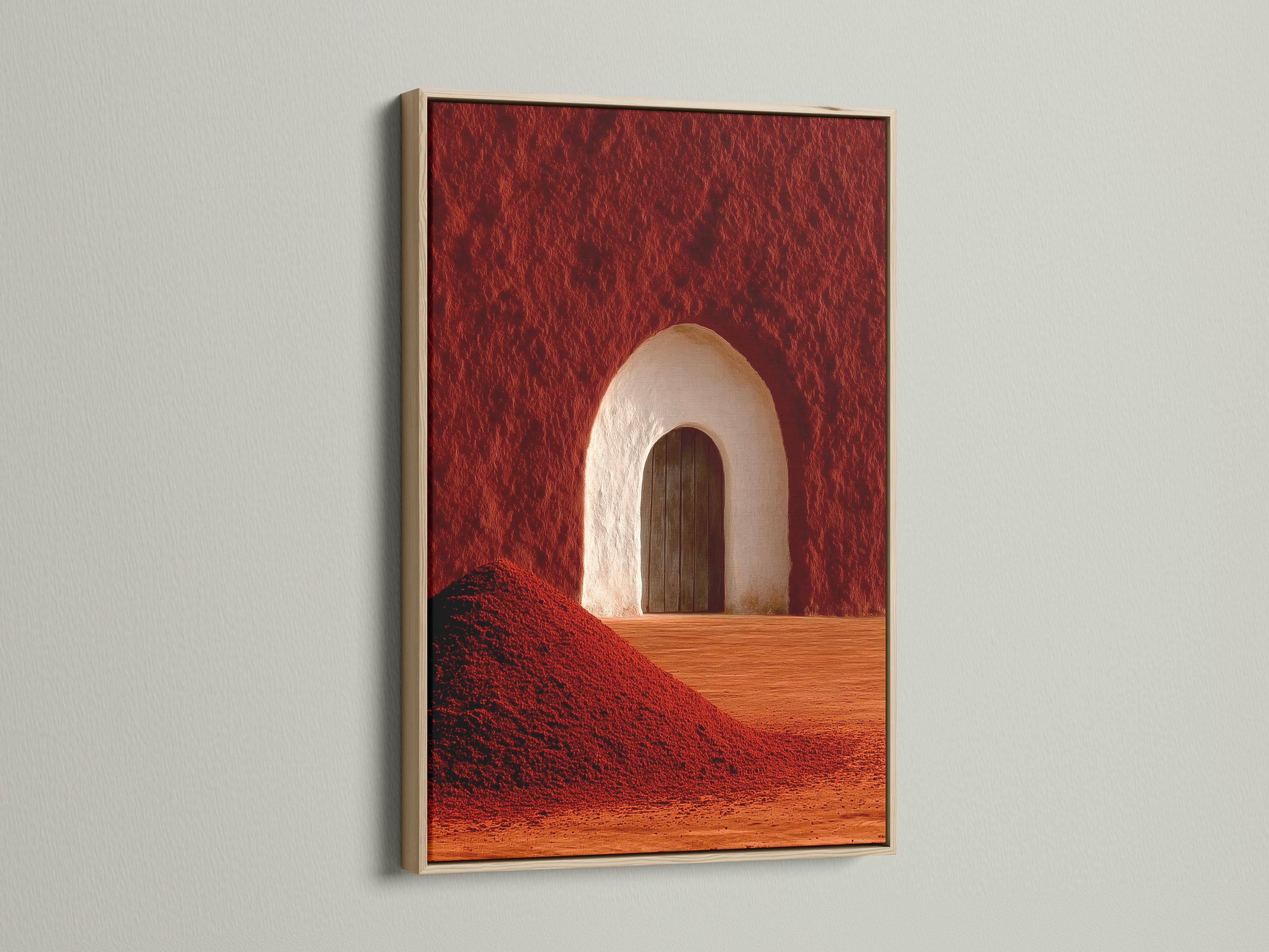 Warm red and terracotta desert arch doorway with a pale arch and wooden door panel detail view