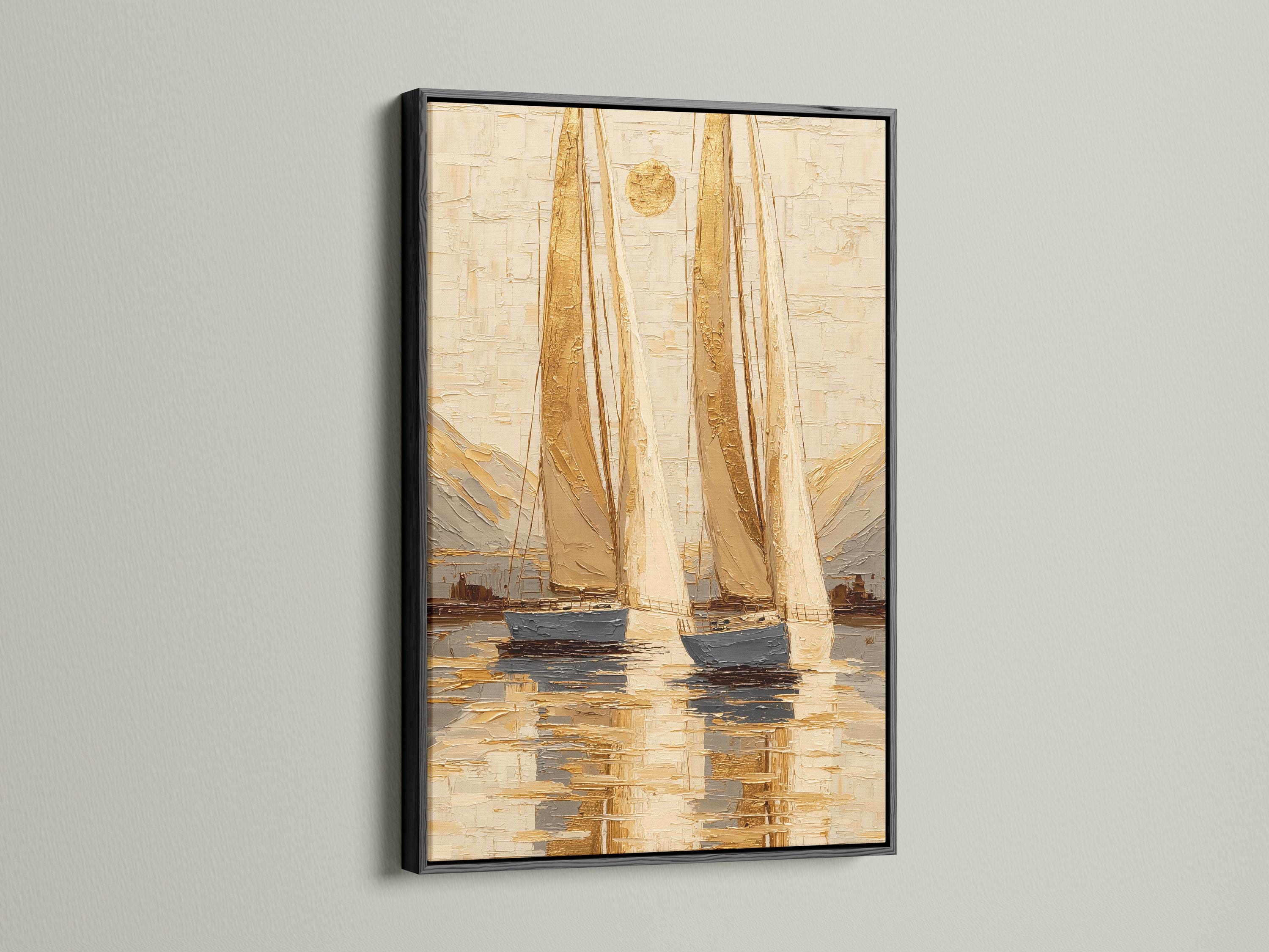 A framed nautical sailboat seascape painting on a wall above a dark sofa in a wood interior