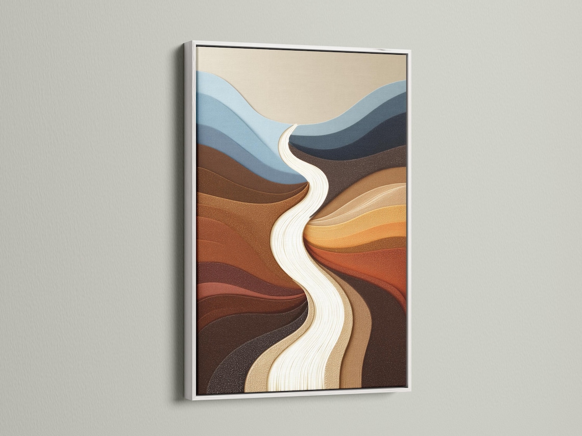 Abstract river-like flow with cream ribbon, blue-grey bands and warm brown terracotta curves detail view