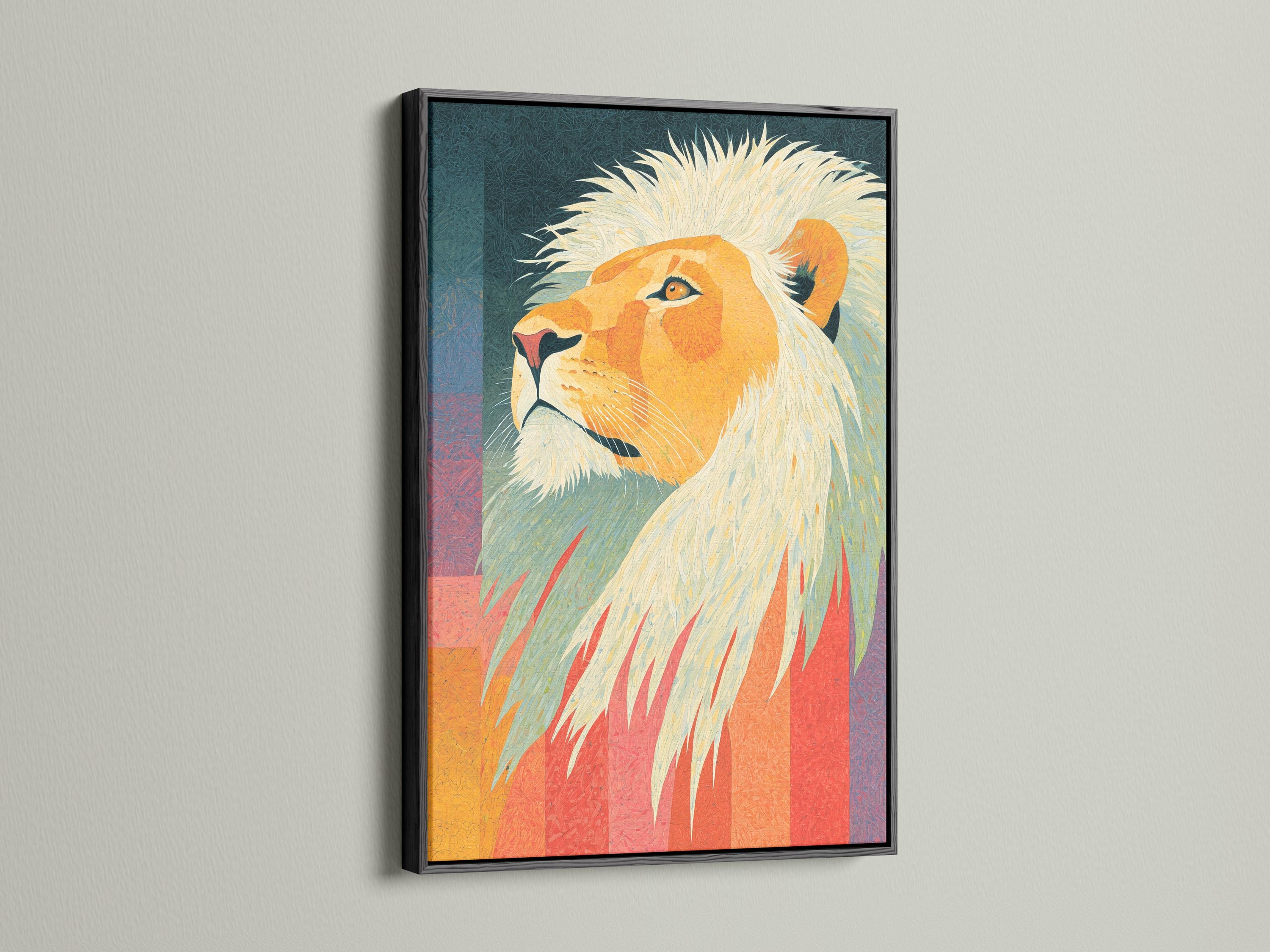 A lion portrait is shown in bright golden ochres with pale cream mane, set against a teal and sunset-coloured geometric background detail view
