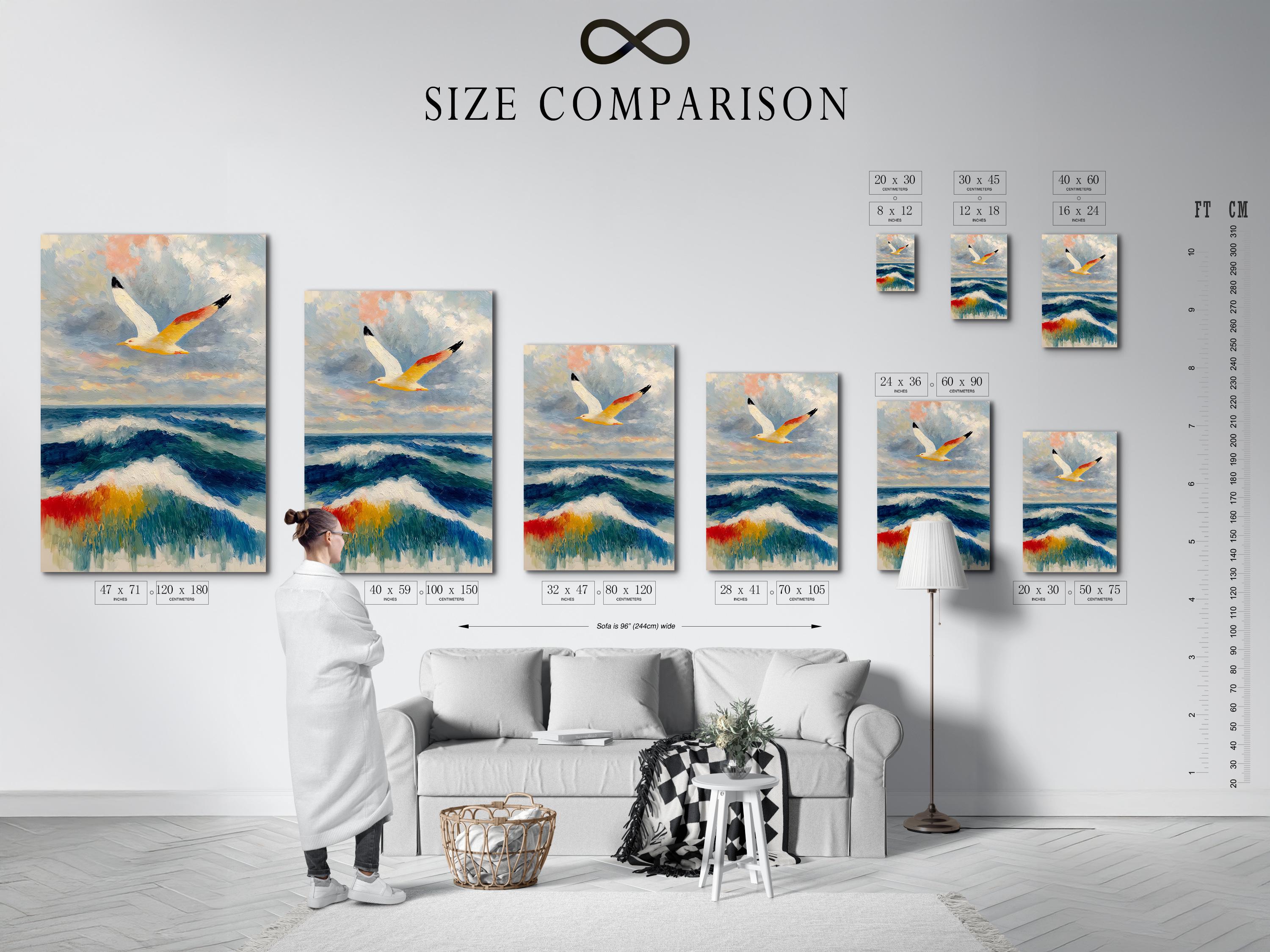 Painterly seagull flying above blue ocean waves with white foam and cloudy sky detail view