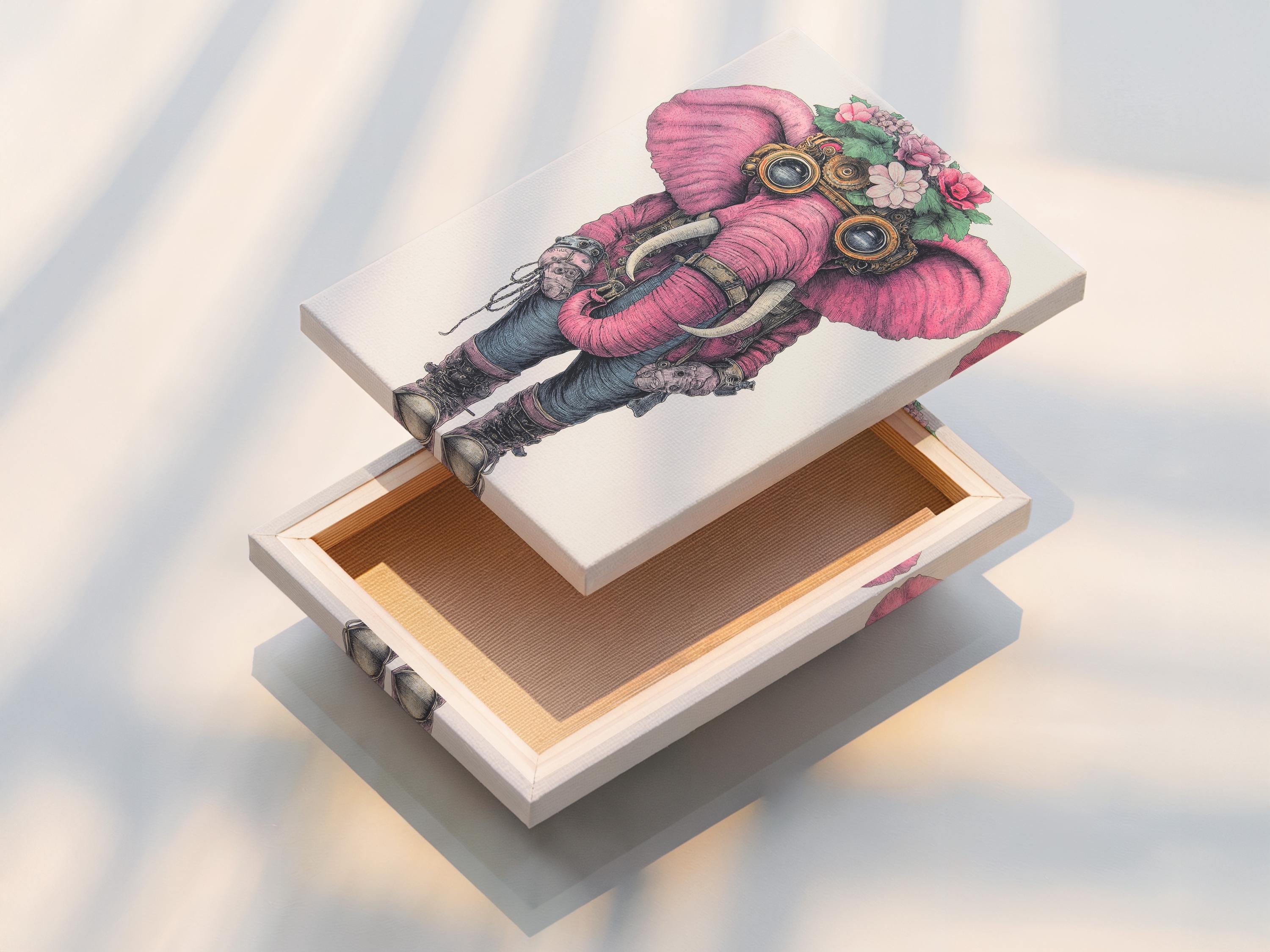 Wall art mockup showing a framed pink elephant illustration with steampunk goggles