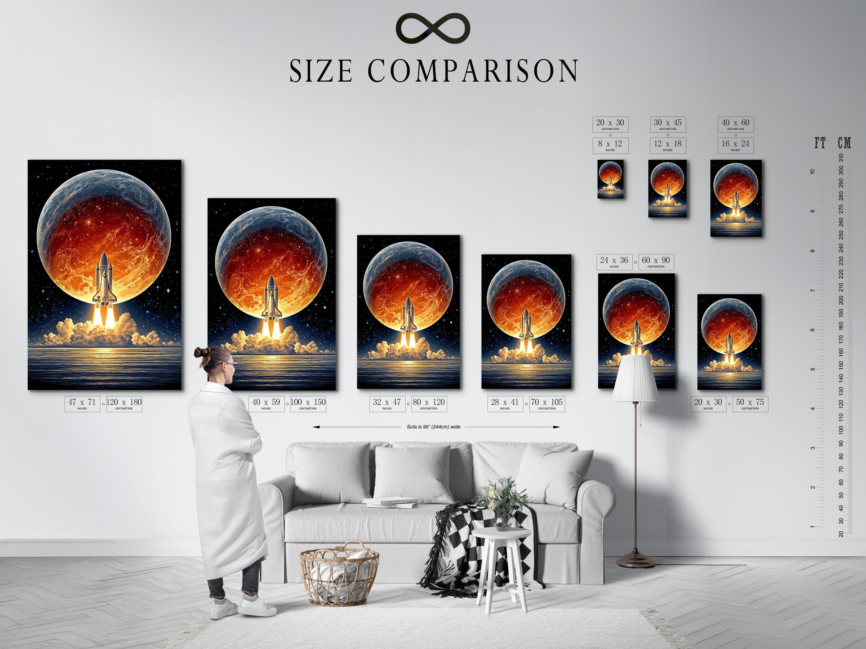 Room mockup showing a framed retro sci-fi rocket launch artwork on a wall
