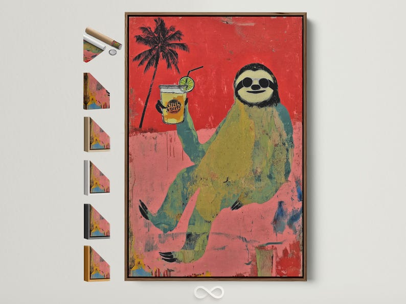 Cartoon sloth with round goggles holding a green drink with straw and lime slice, beside a palm tree on a red textured background