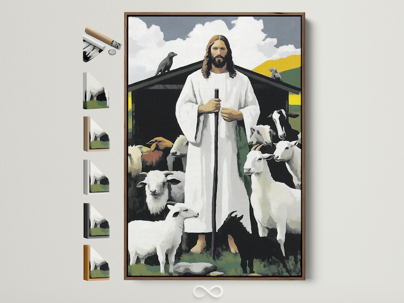 Painterly religious scene with haloed shepherd figure in white robes holding a staff and surrounded by sheep