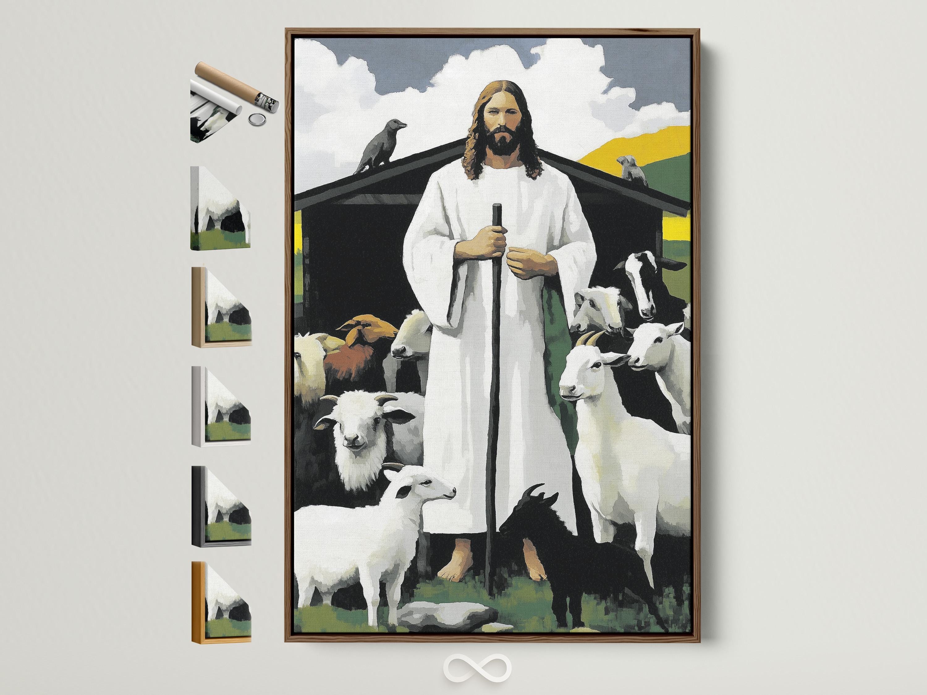 Painterly religious scene with haloed shepherd figure in white robes holding a staff and surrounded by sheep
