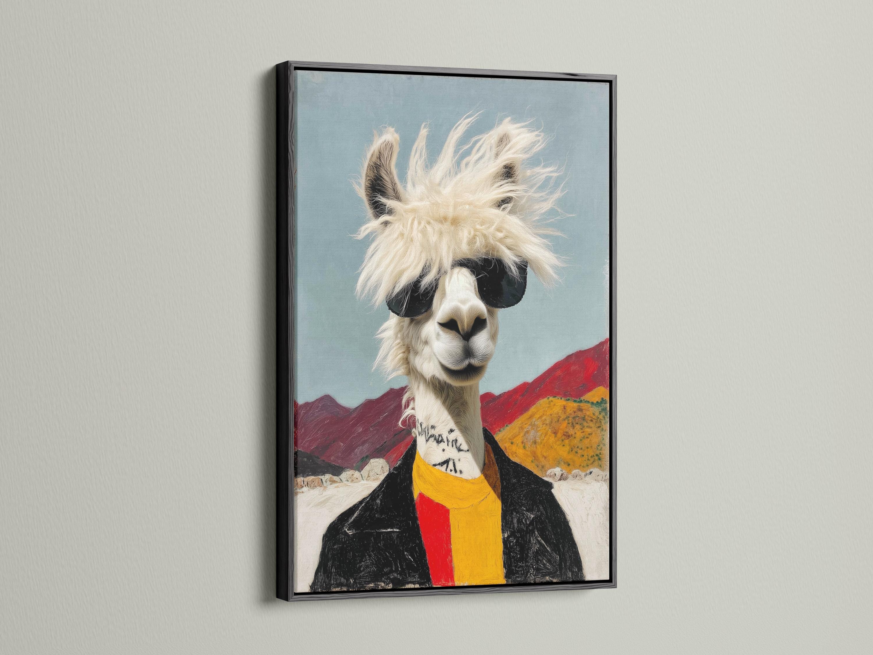 Stylised llama wearing black sunglasses with a fluffy mane and red and yellow scarf in a desert scene detail view