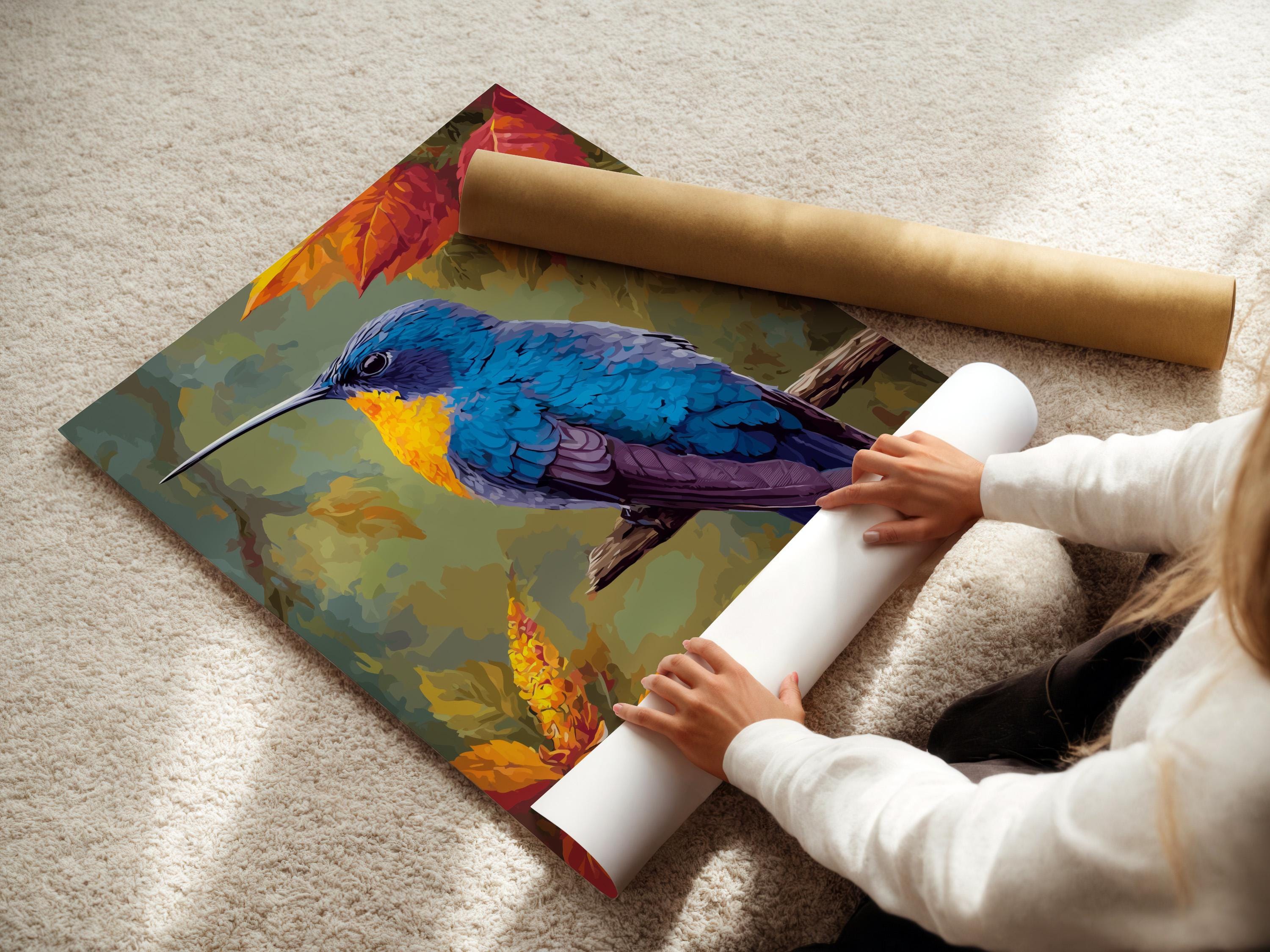Illustrated hummingbird perched among autumn leaves in vivid blue, purple, gold and orange detail view