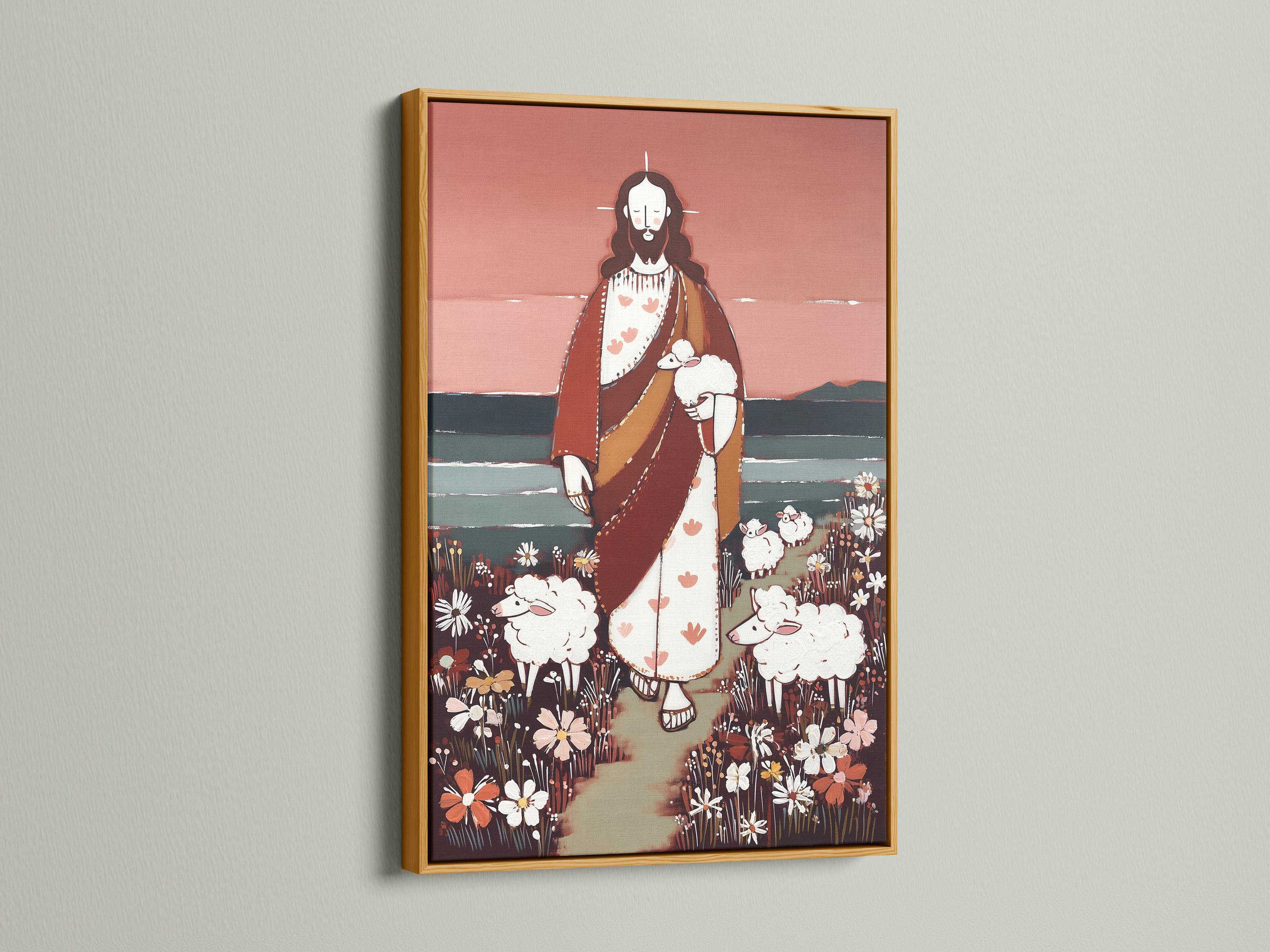 Stylised Jesus holding a white sheep, surrounded by sheep and wildflowers in a flower field detail view