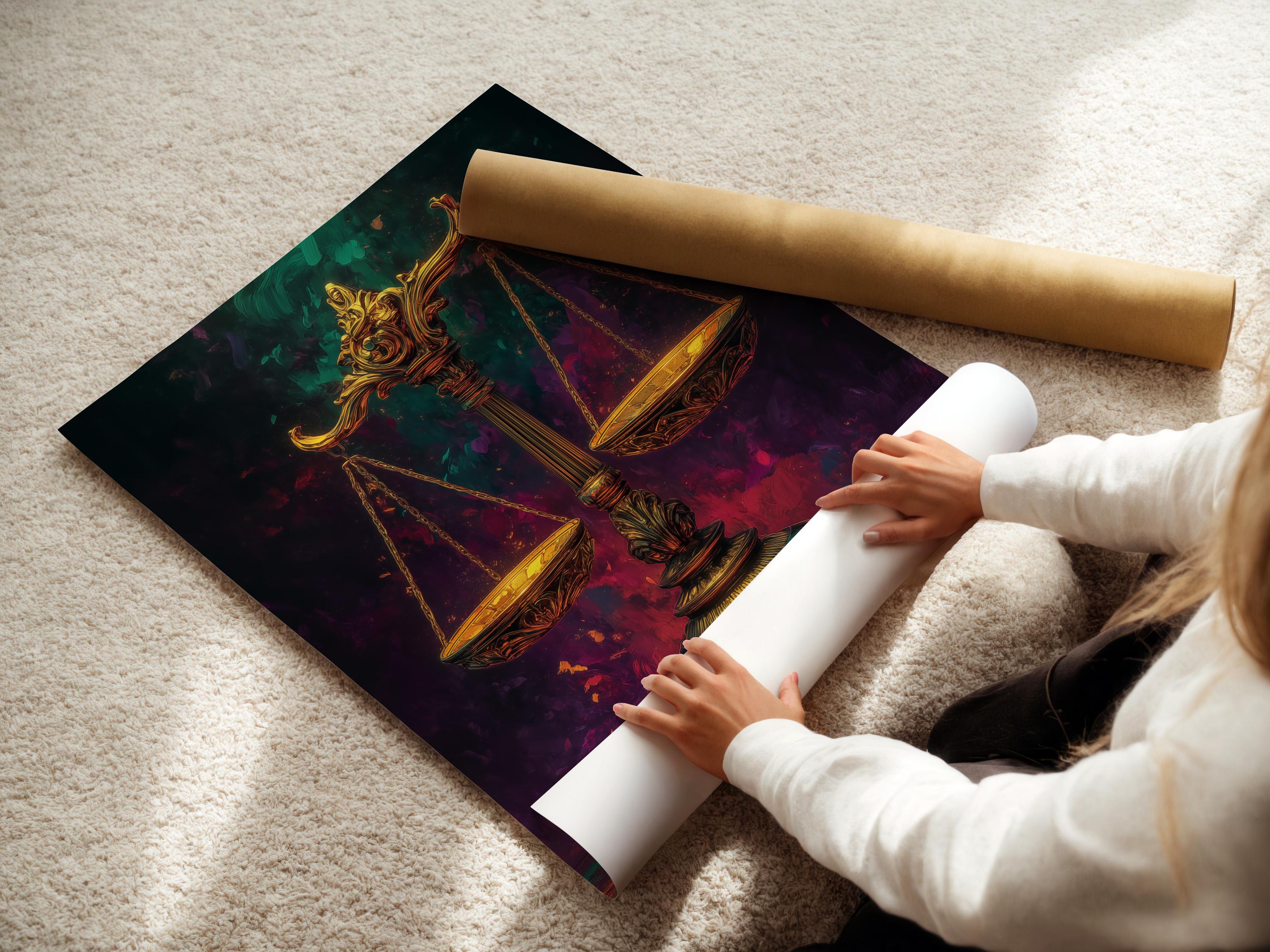 Framed artwork mockup showing ornate gold scales of justice against a smoky purple and green background