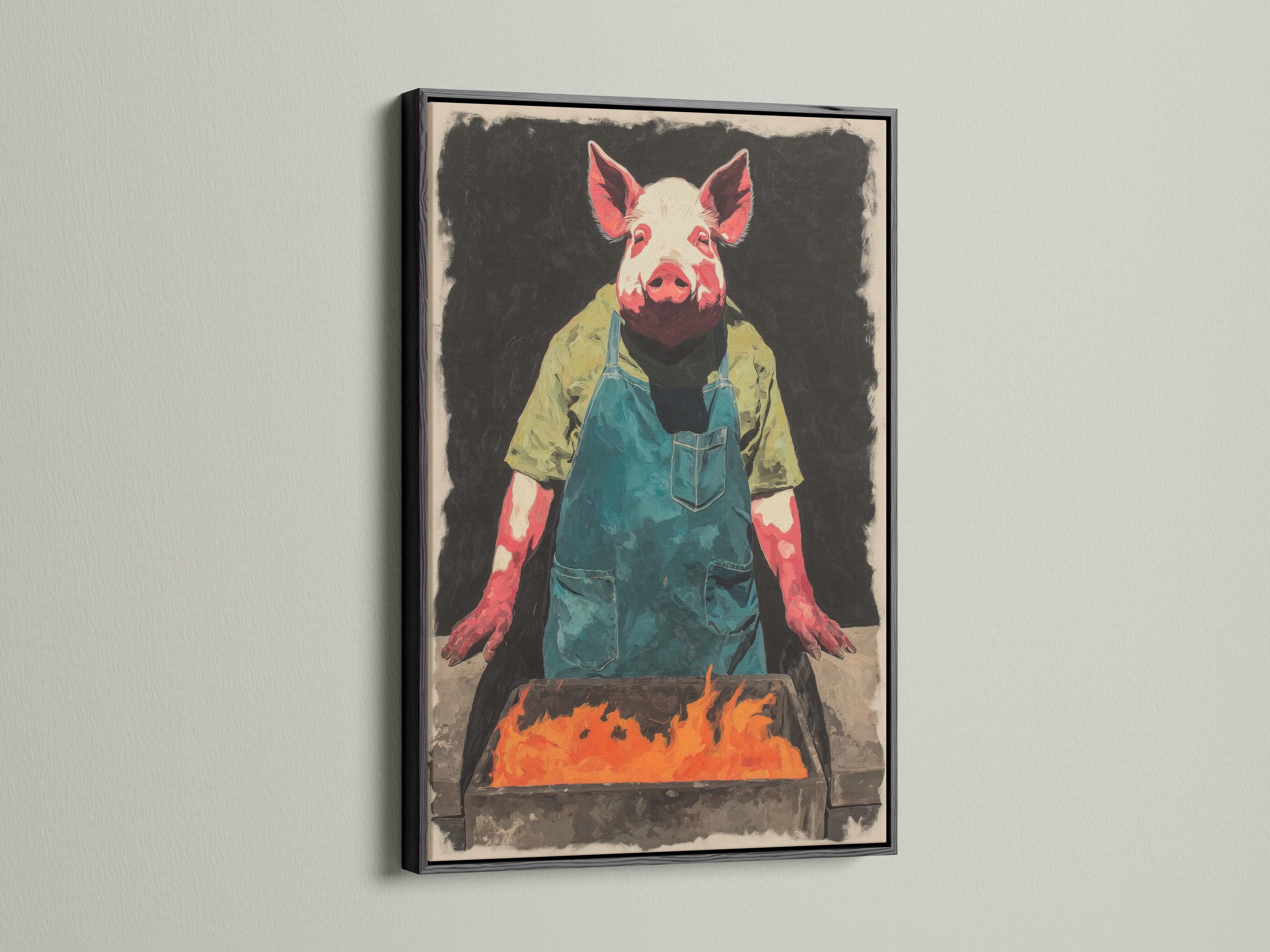 Pig chef illustration with a teal apron behind a grill, flames in front detail view
