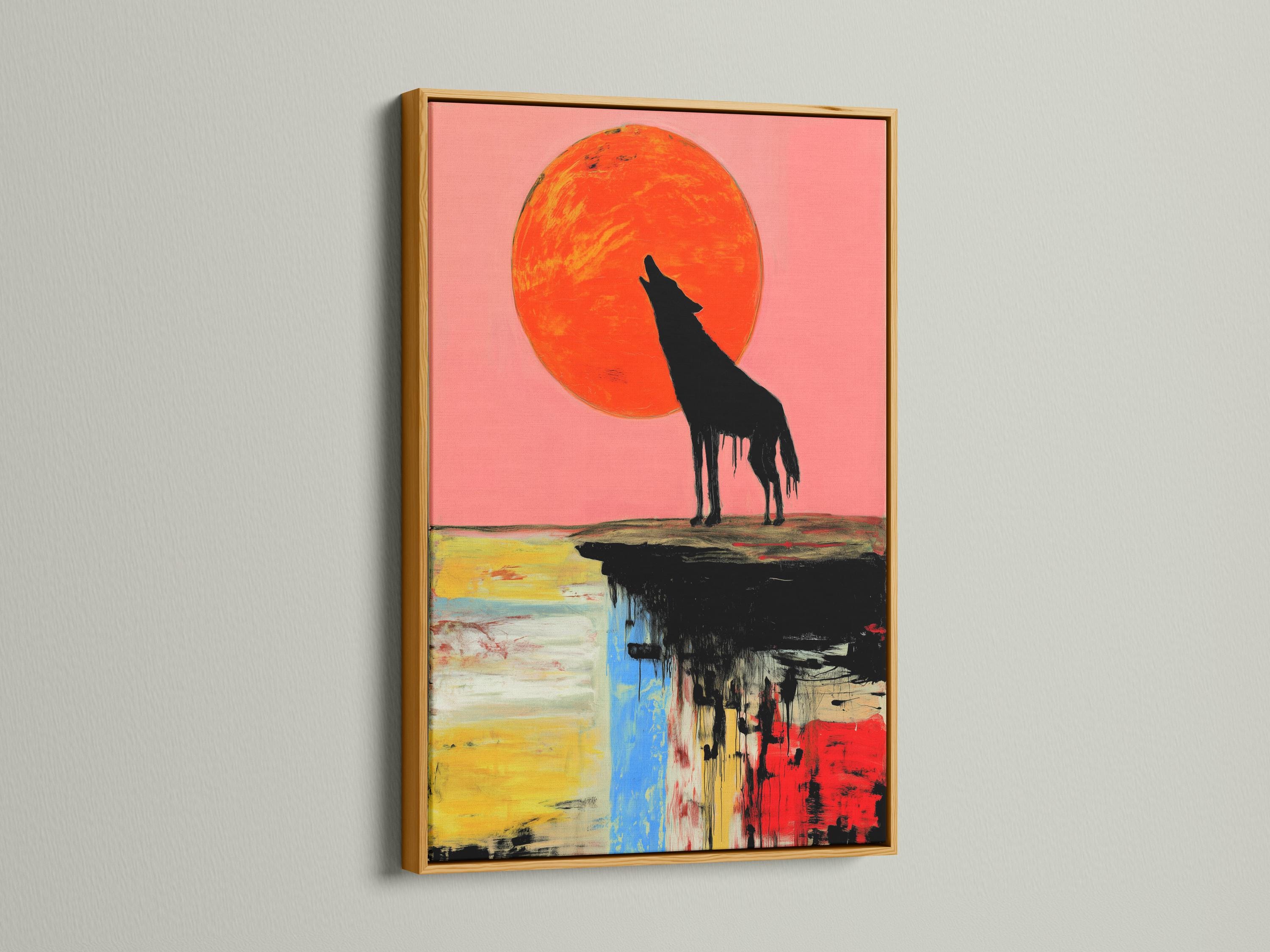 Black howling wolf silhouette under an orange-red full moon with abstract multicolour reflection detail view
