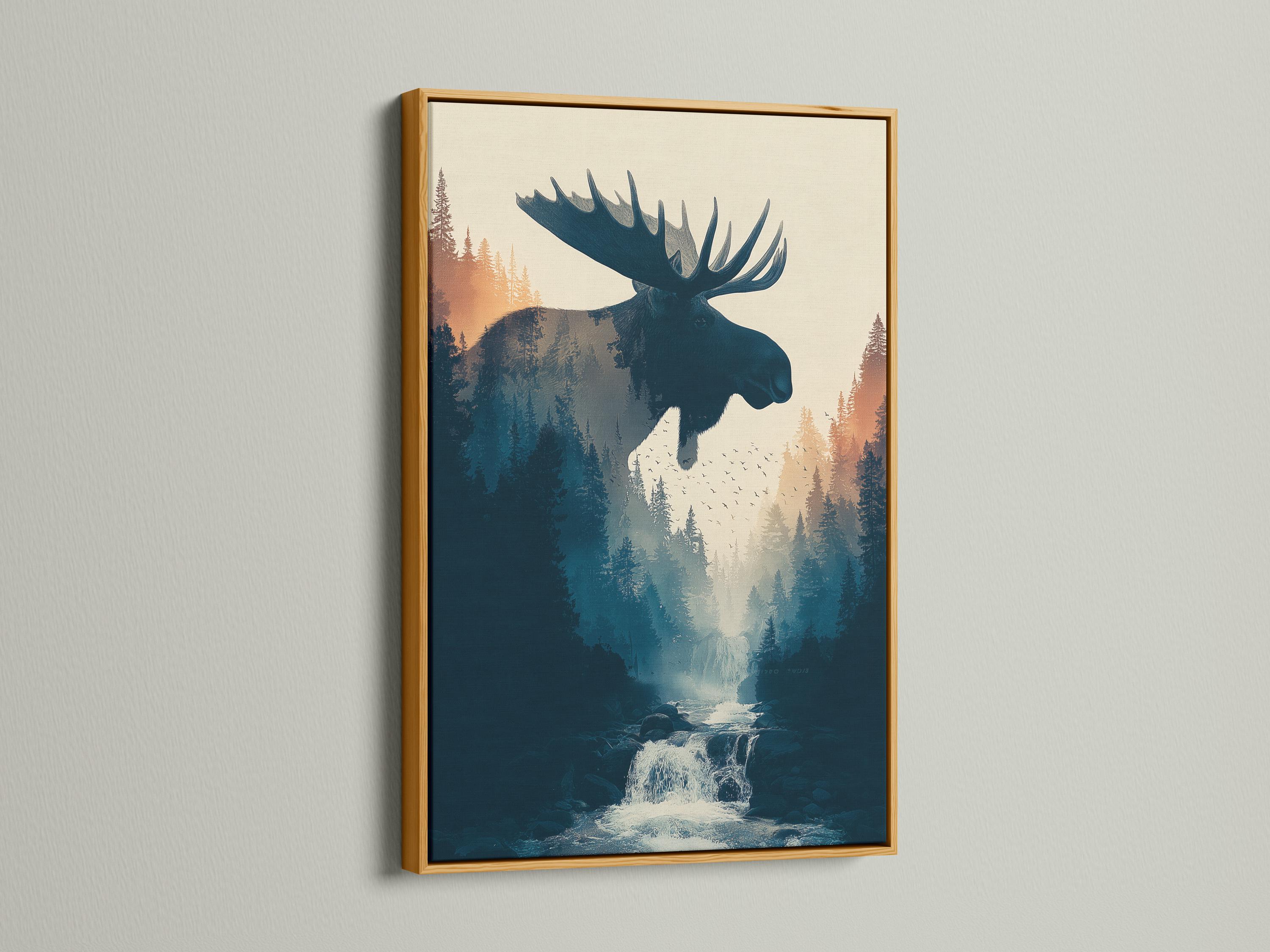 Moose silhouette in a misty pine forest with birds and a stream waterfall detail view