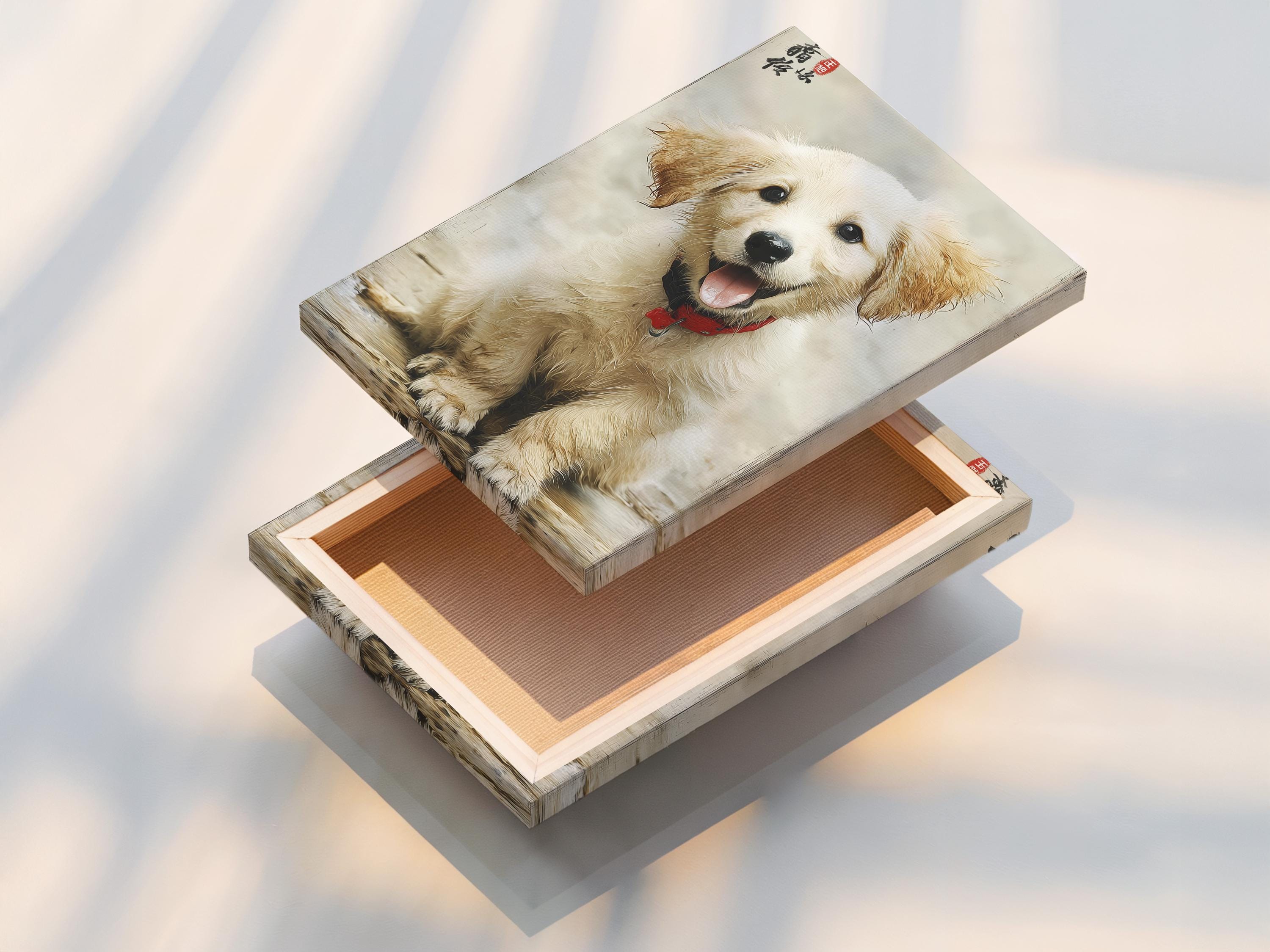 Golden retriever puppy portrait in cream and warm brown with a red bandana detail view
