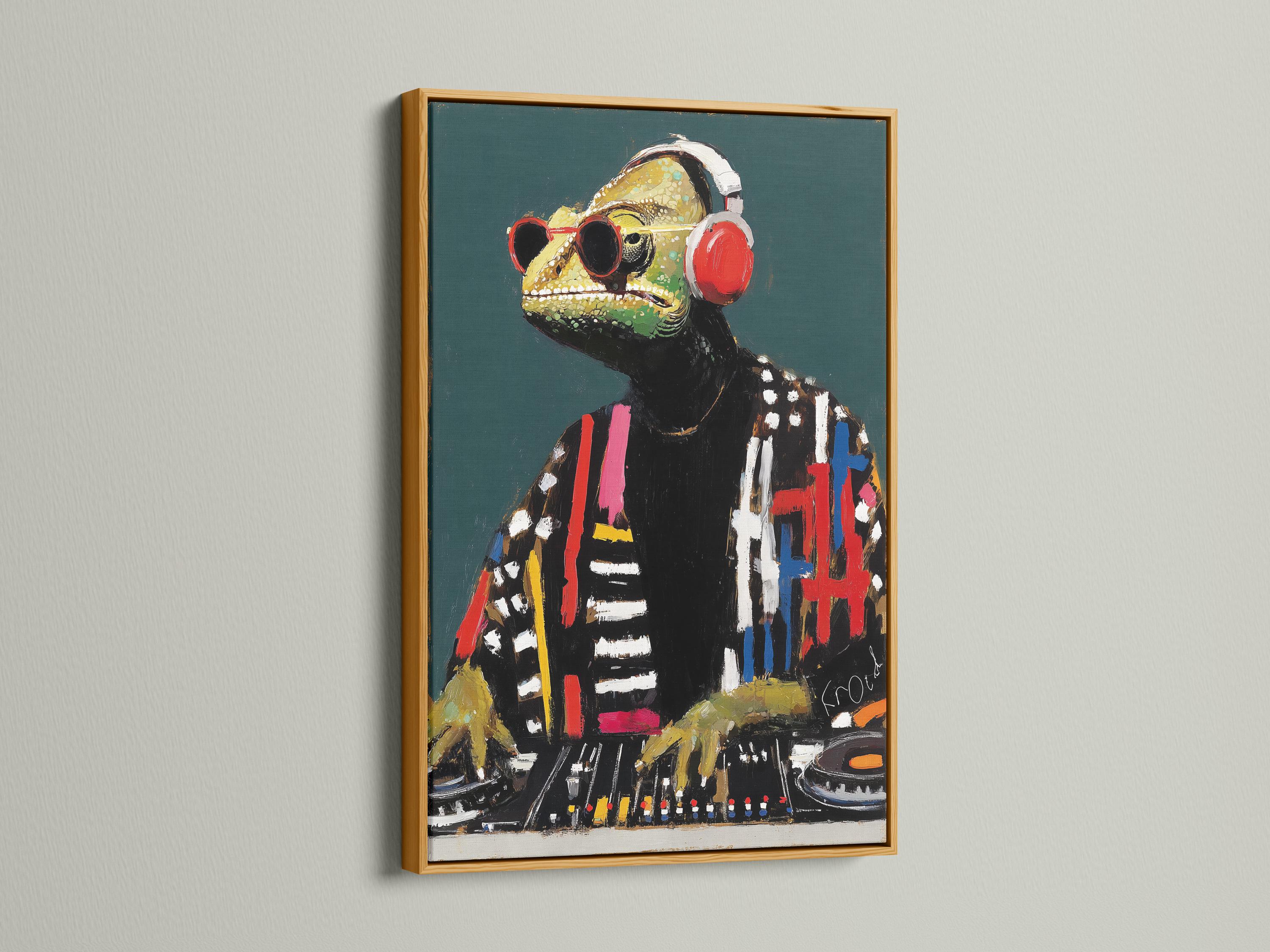 Stylised reptile character wearing oversized red headphones with vivid paint strokes detail view