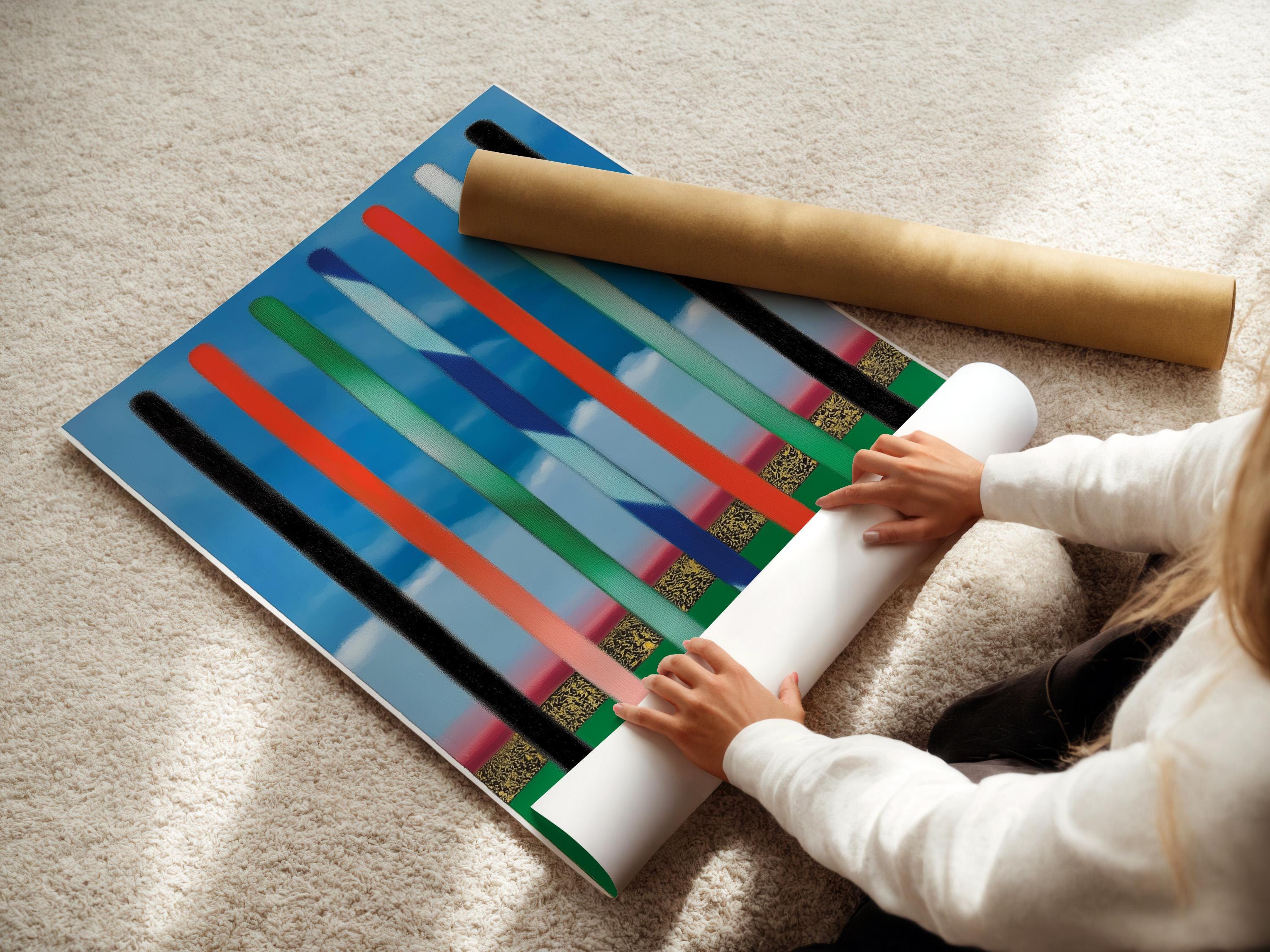 Abstract vertical stripes artwork with blue sky bands and black, red, green, and off-white bars detail view