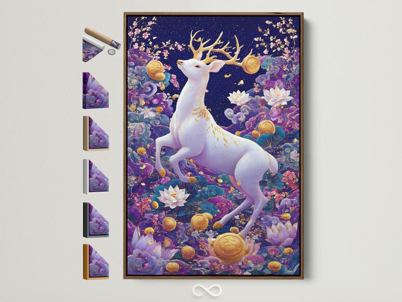 White deer with branching antlers in a navy and purple fantasy scene with lotus flowers and gold coins