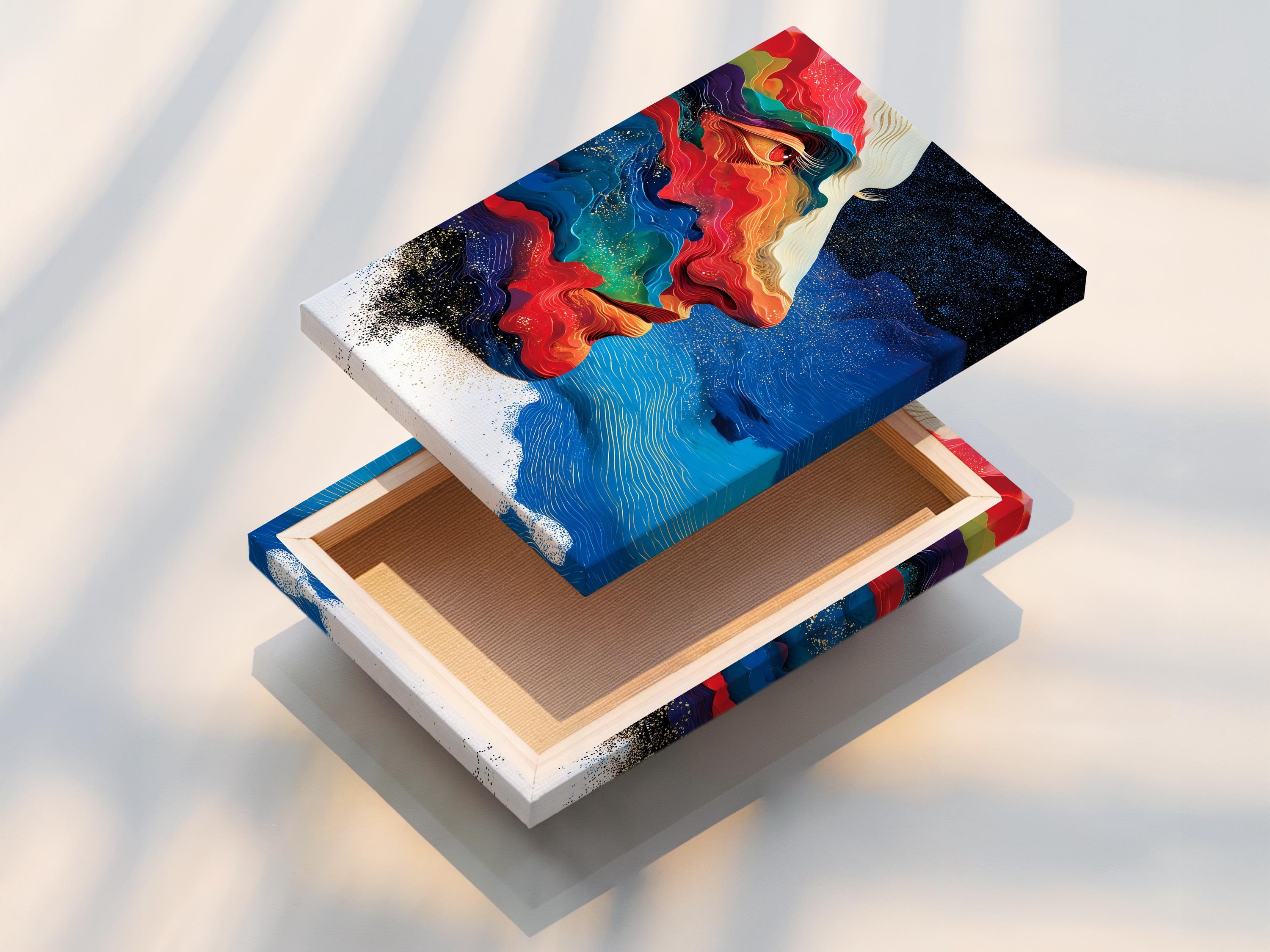 Abstract face in side profile with flowing red, blue and teal shapes and warm gold highlights on a dark starry background detail view