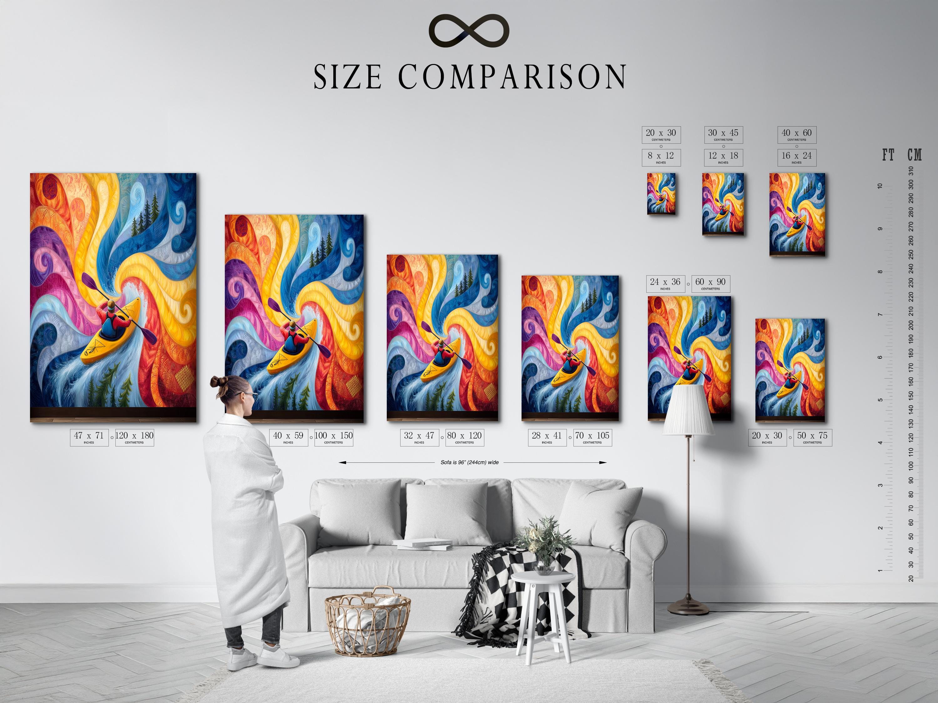 Room mockup showing a framed kayaker river artwork with swirling blue and yellow waves