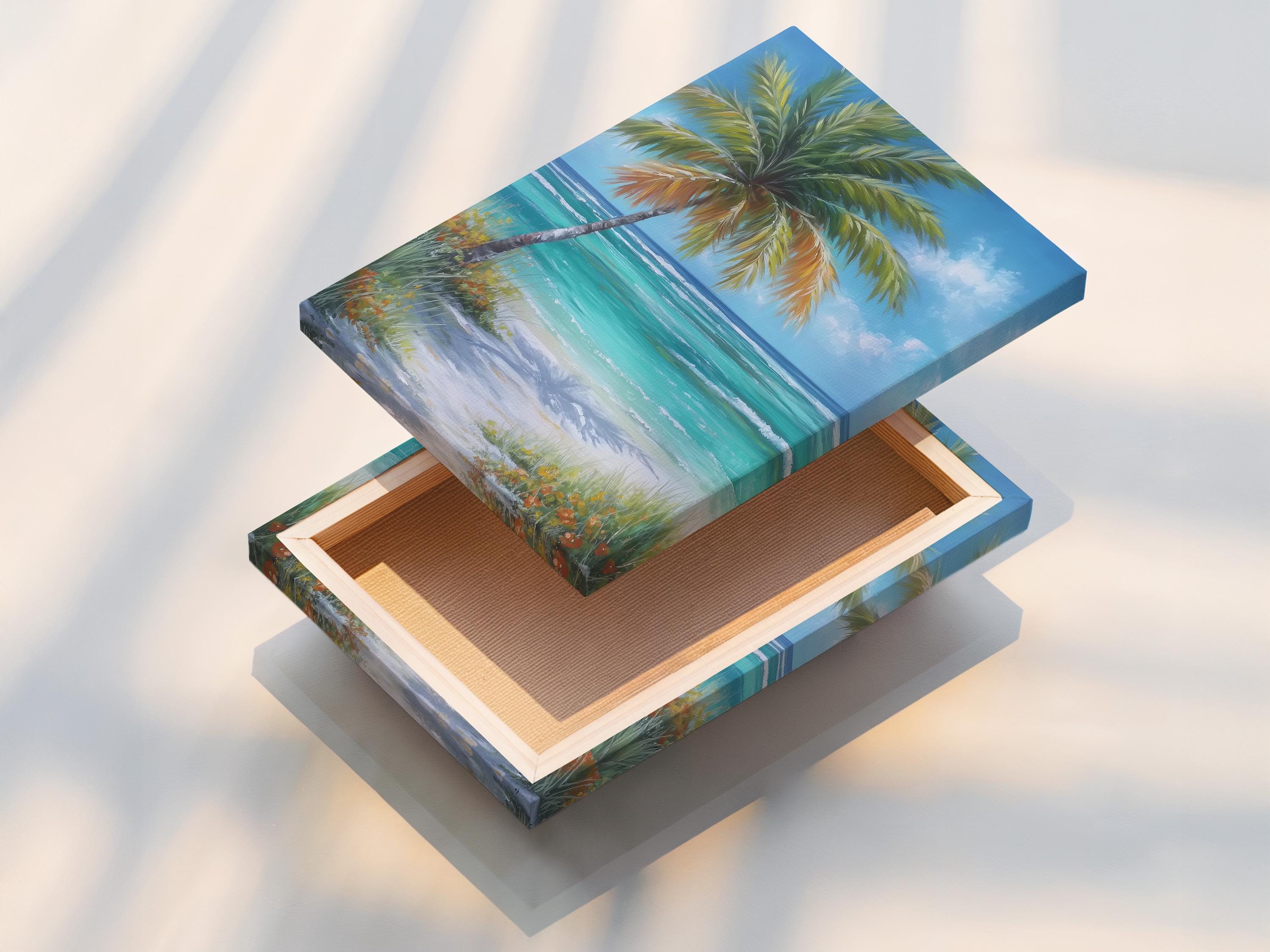 Leaning palm tree over turquoise ocean waves and sandy beach under a bright blue sky detail view