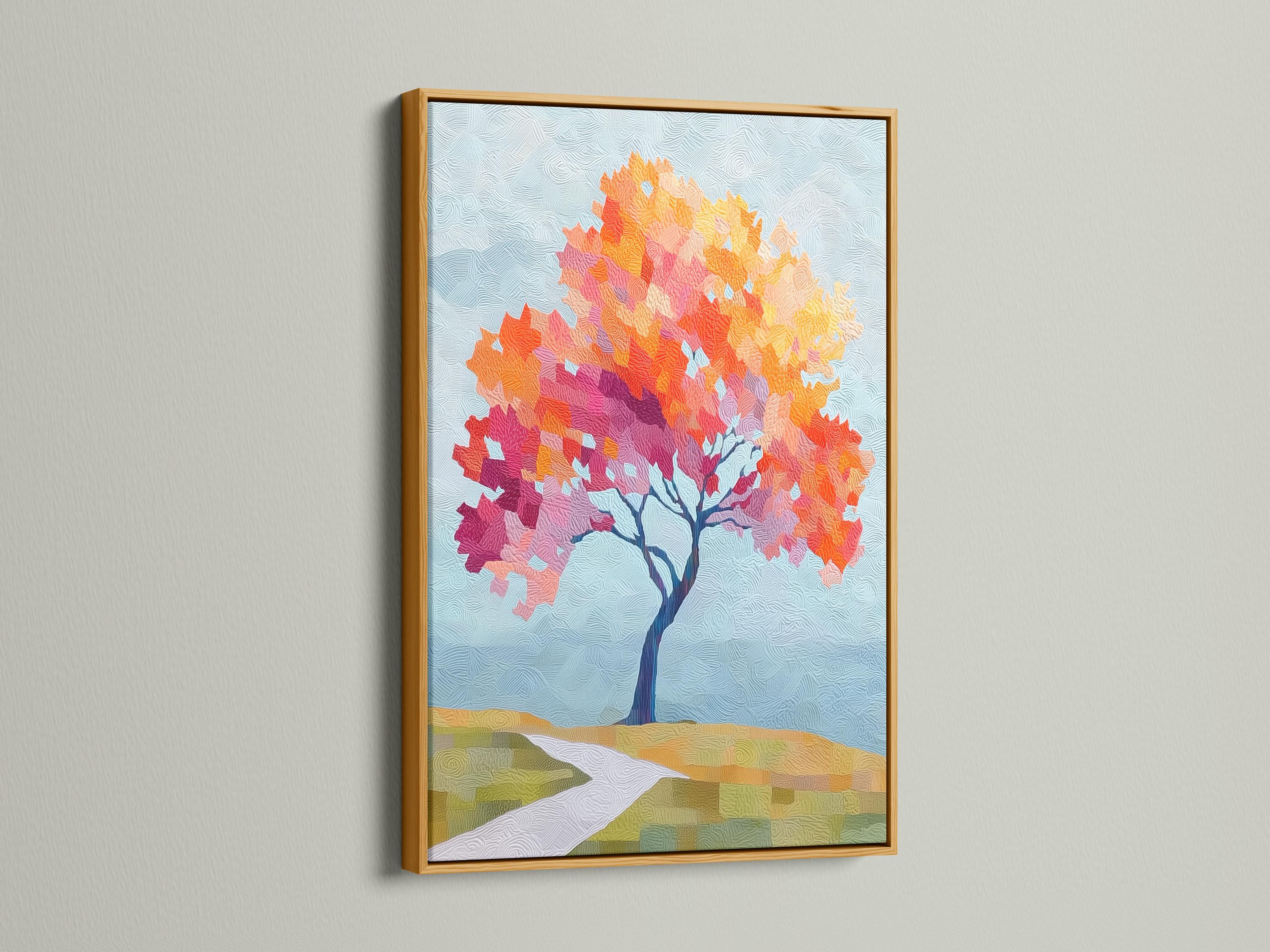 Stylised autumn tree artwork with orange, yellow and pink foliage on a textured blue background detail view