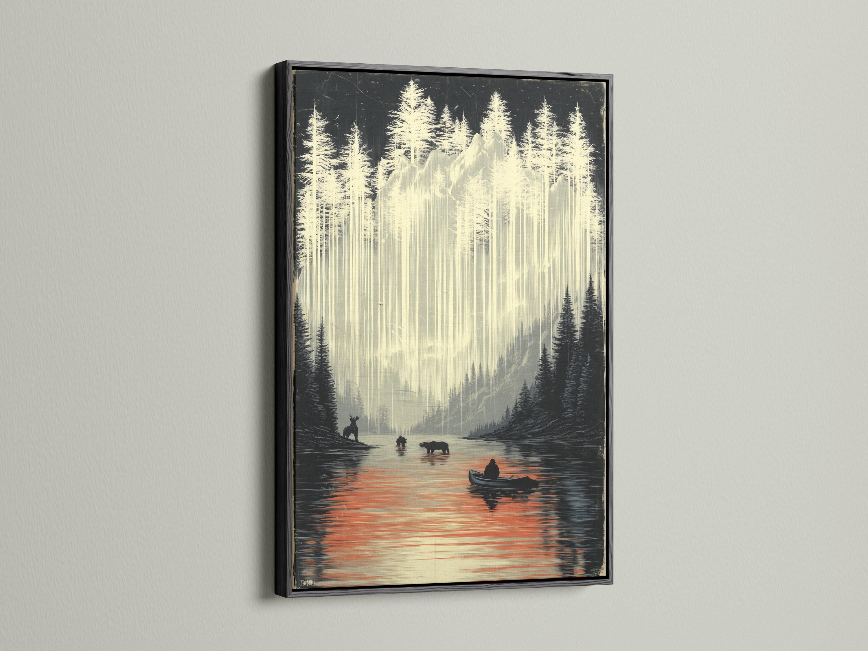 Room mockup showing a framed misty lake wildlife landscape artwork