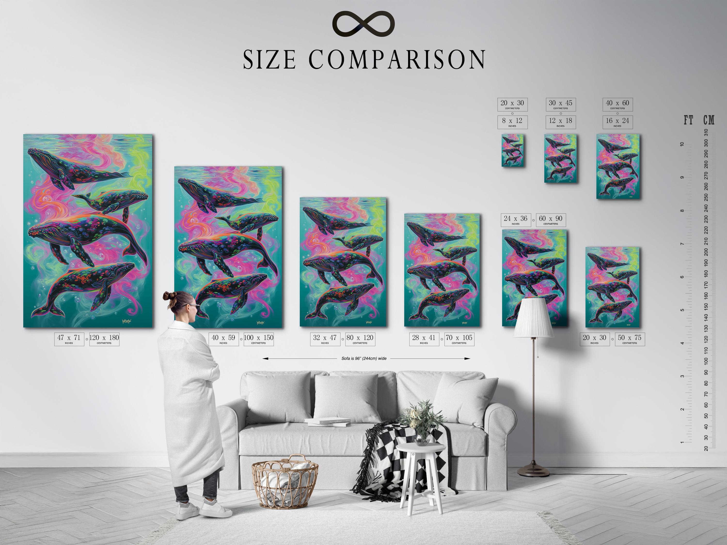 Three stylised whales swimming in a psychedelic teal, pink and yellow underwater scene detail view