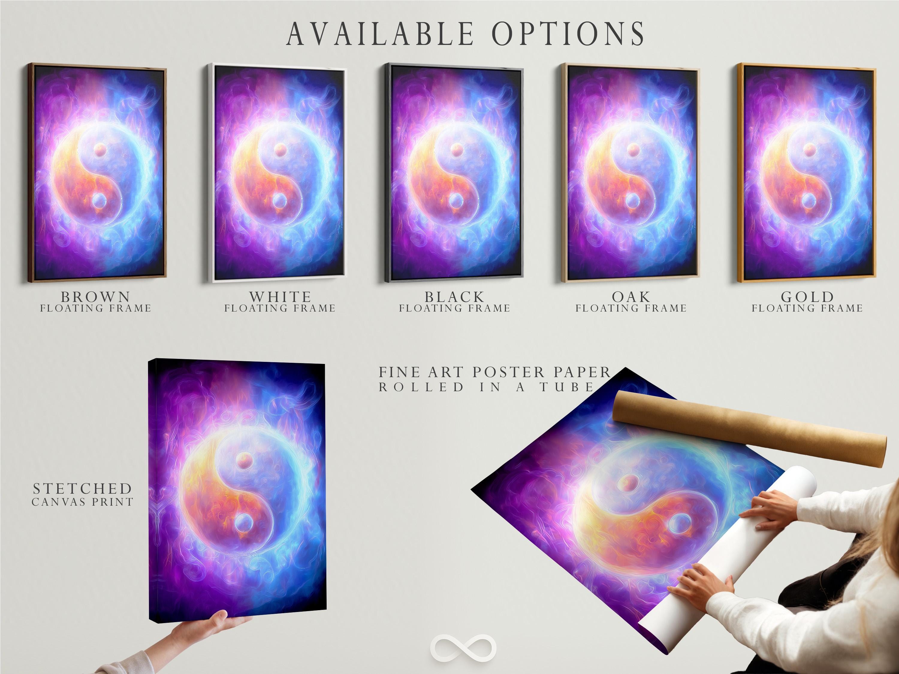 Portrait artwork of an abstract yin-yang inspired design in purple and blue shown in a room mockup