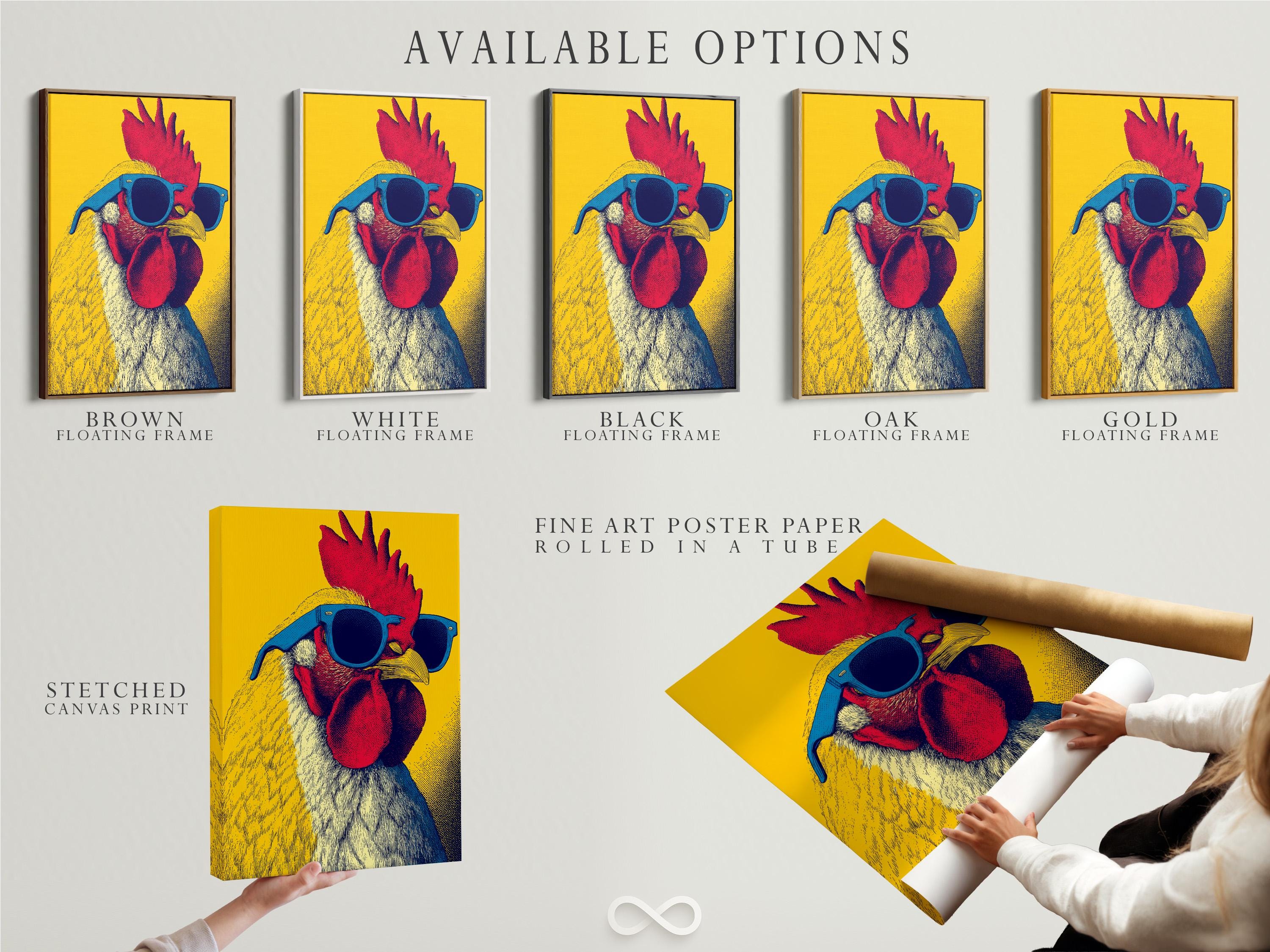 Room mockup featuring a framed pop-art rooster with blue sunglasses on a yellow background