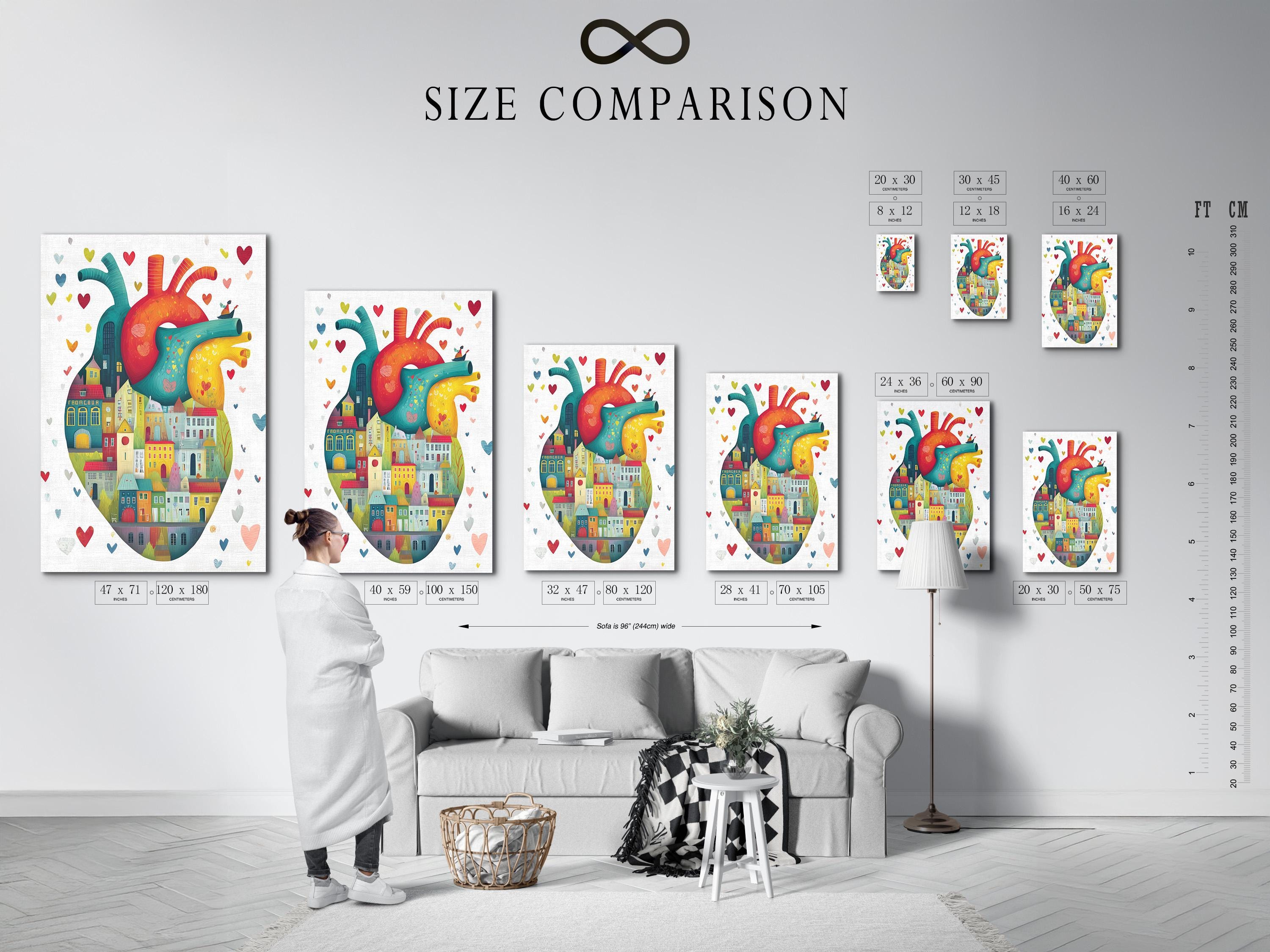 Teal anatomical heart filled with colourful city houses and small floating hearts detail view