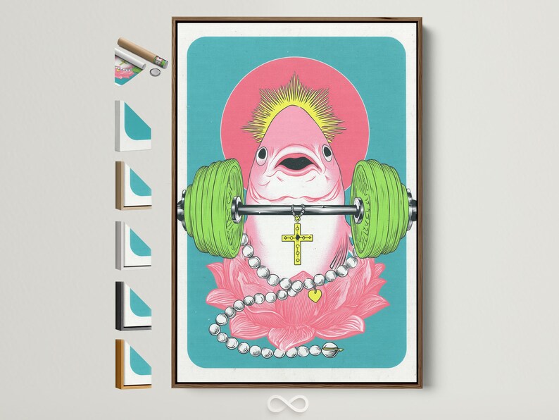 Pop surreal illustration of a pink fish weightlifter holding a barbell with a lotus and yellow cross