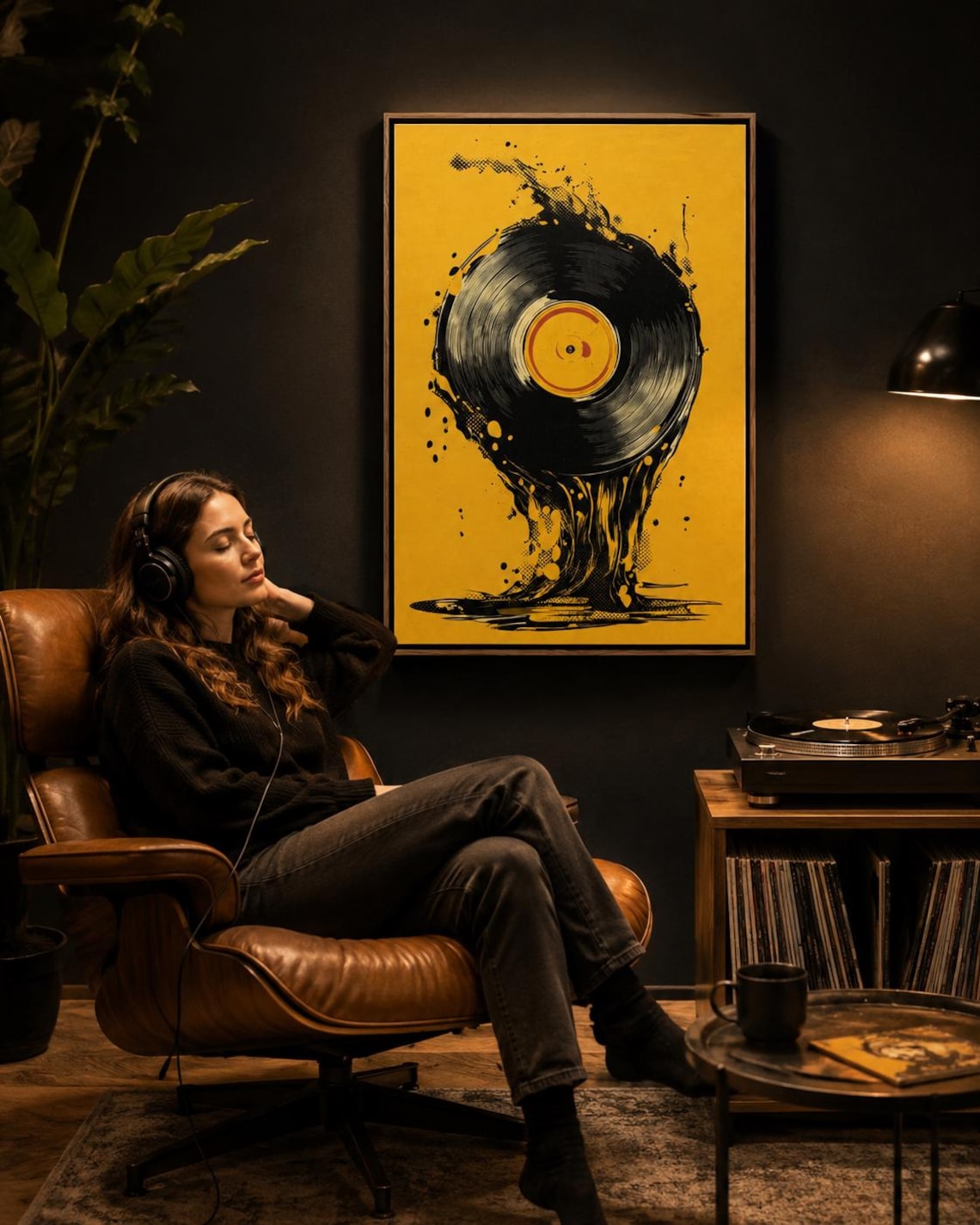 A man wearing headphones beside a music setup with a vinyl record artwork on a wall