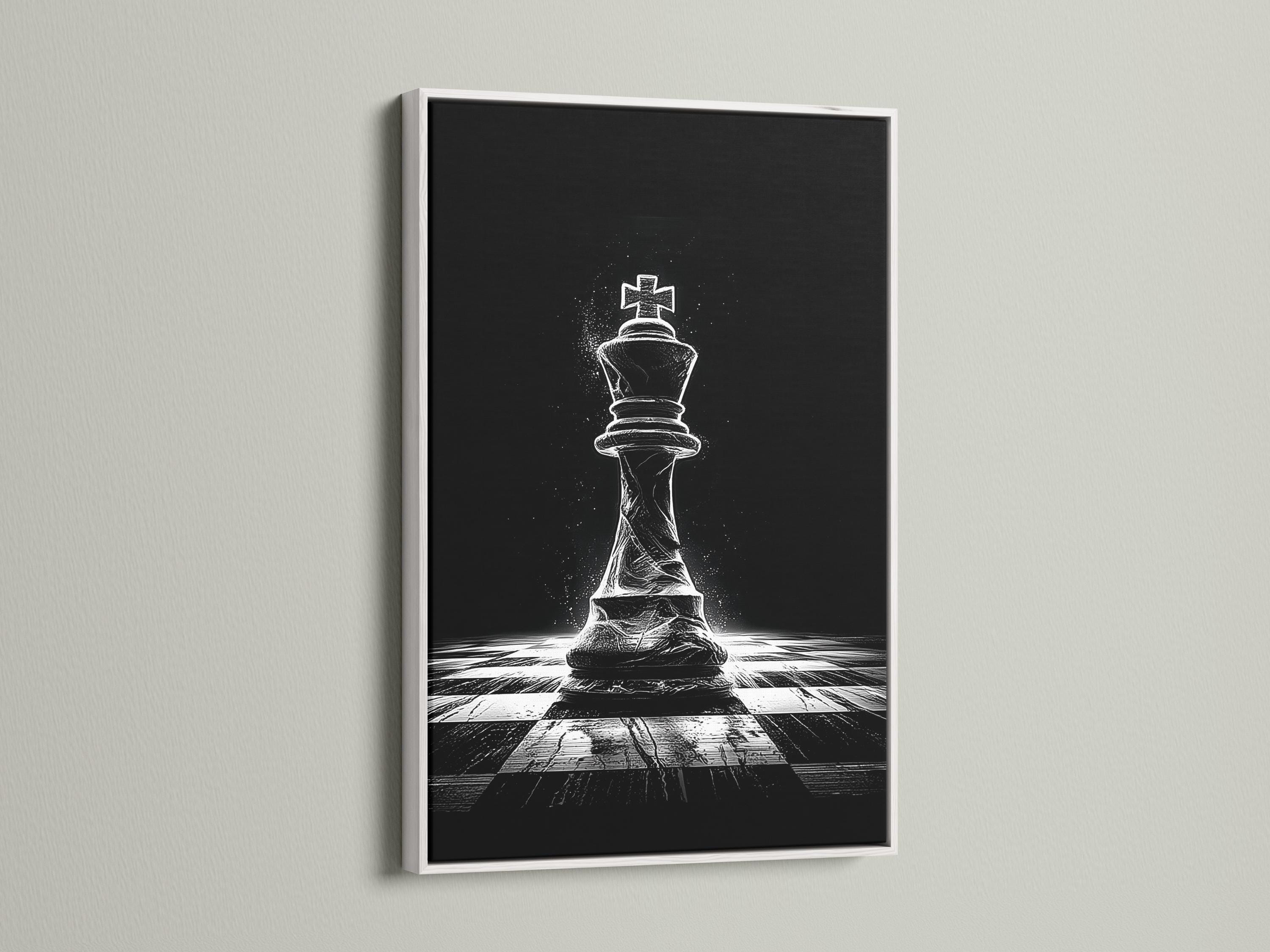 Black and white chess king illustration with a speckled background and perspective chessboard floor detail view