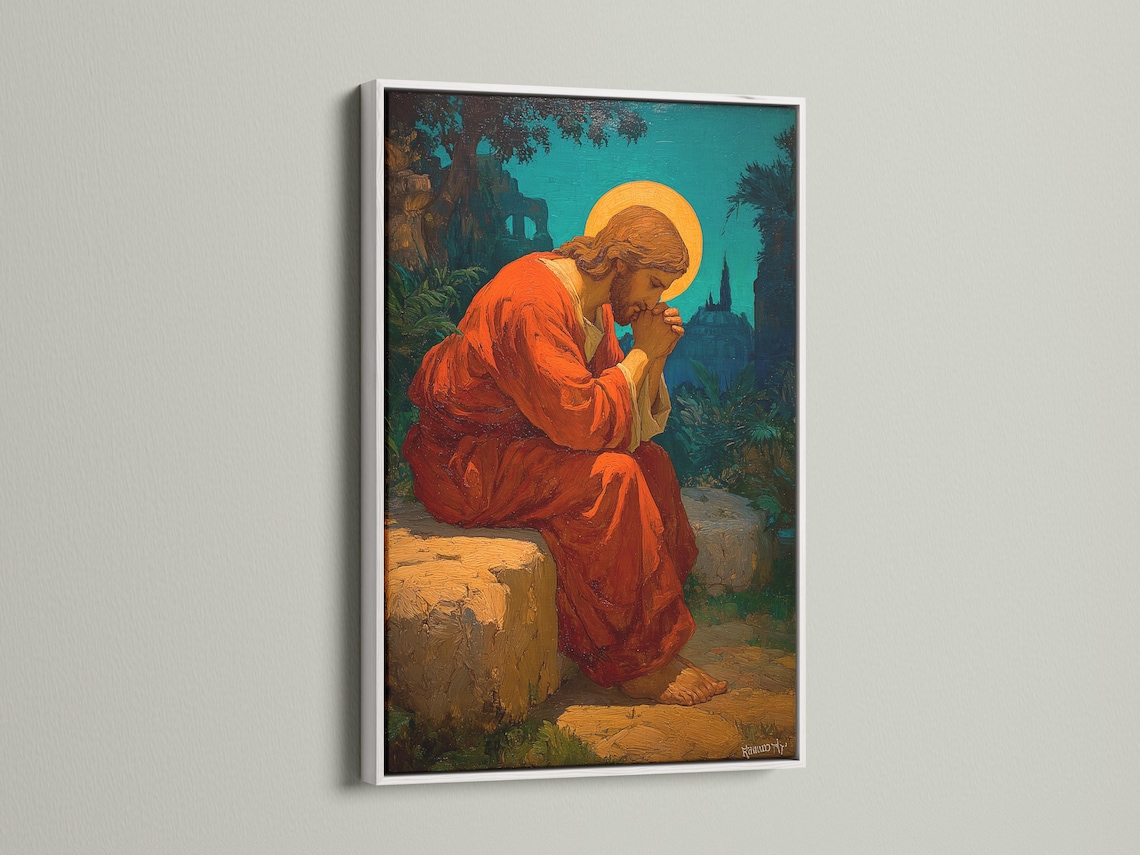 Praying figure with an orange halo, robed in red, against a teal landscape background detail view