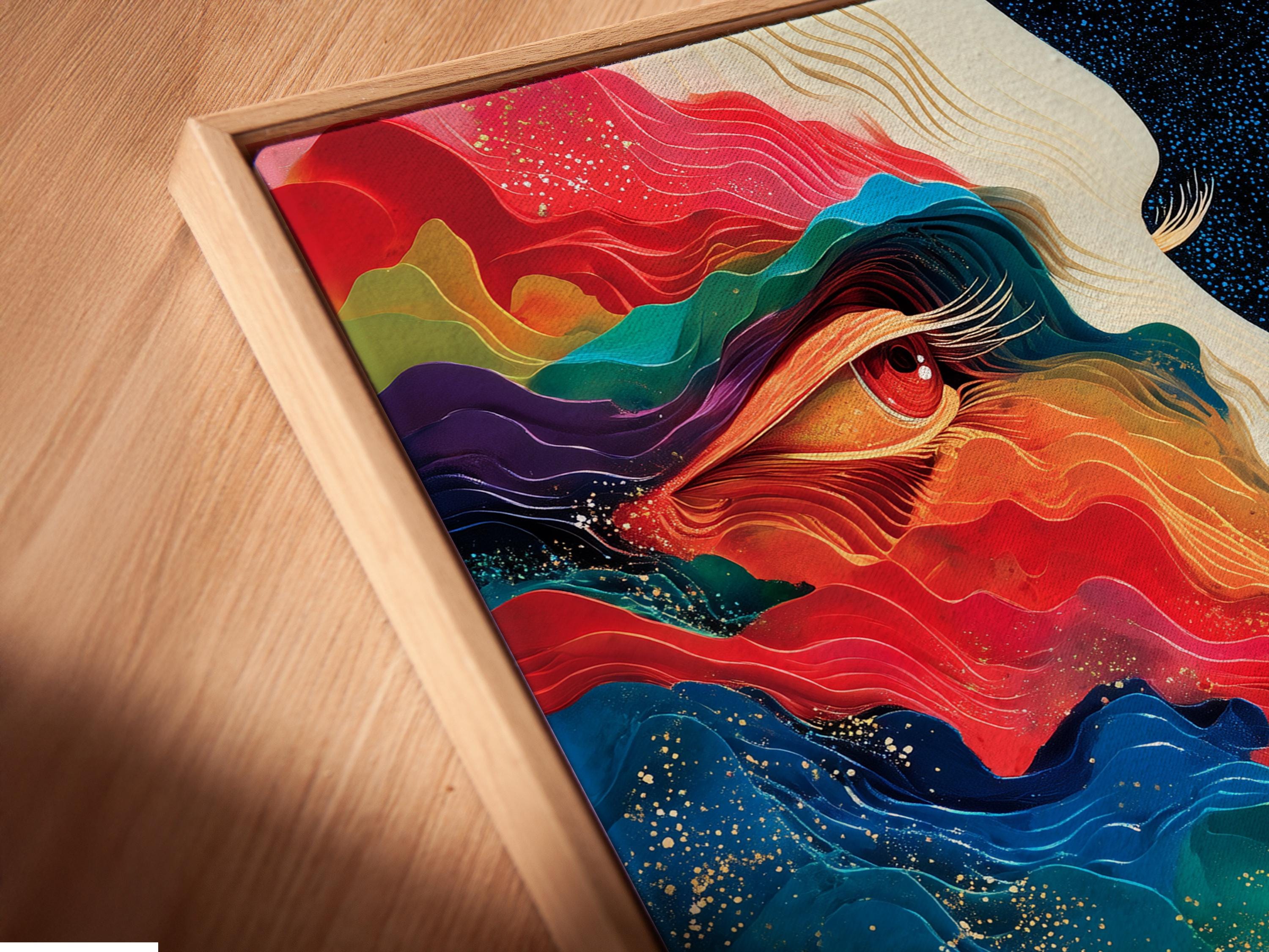 Abstract face in side profile with flowing red, blue and teal shapes and warm gold highlights on a dark starry background detail view